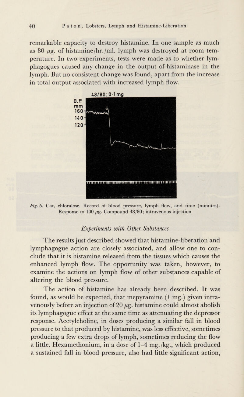 remarkable capacity to destroy histamine. In one sample as much as 80 [Jig. of histamine/hr./ml. lymph was destroyed at room tem¬ perature. In two experiments, tests were made as to whether lym- phagogues caused any change in the output of histaminase in the lymph. But no consistent change was found, apart from the increase in total output associated with increased lymph flow. Fig. 6. Cat, chloralose. Record of blood pressure, lymph flow, and time (minutes). Response to 100 /^g. Compound 48/80; intravenous injection Experiments with Other Substances The results just described showed that histamine-liberation and lymphagogue action are closely associated, and allow one to con¬ clude that it is histamine released from the tissues which causes the enhanced lymph flow. The opportunity was taken, however, to examine the actions on lymph flow of other substances capable of altering the blood pressure. The action of histamine has already been described. It was found, as would be expected, that mepyramine (1 mg.) given intra¬ venously before an injection of 20 [xg. histamine could almost abolish its lymphagogue effect at the same time as attenuating the depressor response. Acetylcholine, in doses producing a similar fall in blood pressure to that produced by histamine, was less effective, sometimes producing a few extra drops of lymph, sometimes reducing the flow a little. Hexamethonium, in a dose of 1-4 mg./kg., which produced a sustained fall in blood pressure, also had little significant action.