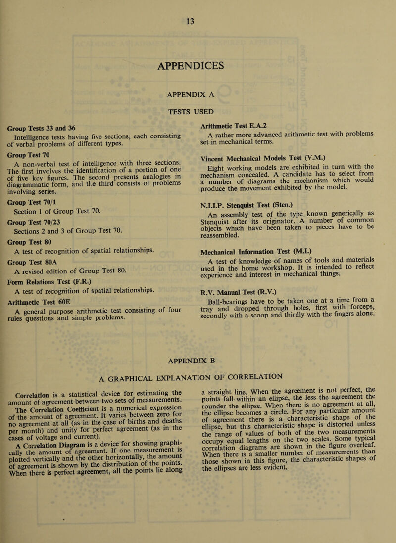 APPENDICES APPENDIX A TESTS Group Tests 33 and 36 Intelligence tests having five sections, each consisting of verbal problems of different types. Group Test 70 A non-verbal test of intelligence with three sections. The first involves the identification of a portion of one of five key figures. The second presents analogies in diagrammatic form, and the third consists of problems involving series. Group Test 70/1 Section 1 of Group Test 70. Group Test 70/23 Sections 2 and 3 of Group Test 70. Group Test 80 A test of recognition of spatial relationships. Group Test 80A A revised edition of Group Test 80. Form Relations Test (F.R.) A test of recognition of spatial relationships. Arithmetic Test 60E A general purpose arithmetic test consisting of four rules questions and simple problems. USED Arithmetic Test E.A.2 A rather more advanced arithmetic test with problems set in mechanical terms. Vincent Mechanical Models Test (V.M.) Eight working models are exhibited in turn with the mechanism concealed. A candidate has to select from a number of diagrams the mechanism which would produce the movement exhibited by the model. N.I.I.P. Stenquist Test (Sten.) An assembly test of the type known generically as Stenquist after its originator. A number of common objects which have been taken to pieces have to be reassembled. Mechanical Information Test (M.I.) A test of knowledge of names of tools and materials used in the home workshop. It is intended to reflect experience and interest in mechanical things. R.V. Manual Test (R.V.) Ball-bearings have to be taken one at a time from a tray and dropped through holes, first with forceps, secondly with a scoop and thirdly with the fingers alone. APPENDIX B A GRAPHICAL EXPLANATION OF CORRELATION Correlation is a statistical device for estimating the amount of agreement between two sets of measurements. The Correlation Coefficient is a numerical expression of the amount of agreement. It varies between zero lor no agreement at all (as in the case of births and deaths per month) and unity for perfect agreement (as in the cases of voltage and current). A Correlation Diagram is a device for showing graphi¬ cally the amount of agreement. If one measurement is plotted vertically and the other horizontally, the amount of agreement is shown by the distribution of the points. When there is perfect agreement, all the points lie along a straight line. When the agreement is not perfect, the points fall within an ellipse, the less the agreement the rounder the ellipse. When there is no agreement at all, the ellipse becomes a circle. For any particular amount of agreement there is a characteristic shape ol the ellipse, but this characteristic shape is distorted unless the range of values of both of the two measurements occupy equal lengths on the two scales. Some typical correlation diagrams are shown in the figure overleaf. When there is a smaller number of measurements than those shown in this figure, the characteristic shapes of the ellipses arc less evident.