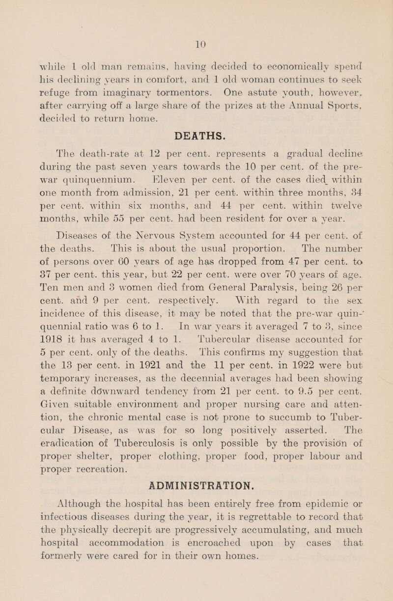 while 1 old man remains, having decided to economically spend his declining years in comfort, and 1 old woman continues to seek refuge from imaginary tormentors. One astute youth, howeverr after carrying off a large share of the prizes at the Annual Sports, decided to return home. DEATHS. The death-rate at 12 per cent, represents a gradual decline during the past seven years towards the 10 per cent, of the pre¬ war quinquennium. Eleven per cent, of the cases died_ within one month from admission, 21 per cent, within three months, 34 per cent, within six months, and 44 per cent, within twelve months, while 55 per cent, had been resident for over a year. Diseases of the Nervous System accounted for 44 per cent, of the deaths. This is about the usual proportion. The number of persons over 60 years of age has dropped from 47 per cent, to 37 per cent, this year, but 22 per cent, were over 70 years of age.. Ten men and 3 women died from General Paralysis, being 26 per cent, and 9 per cent, respectively. With regard to the sex incidence of this disease, it may be noted that the pre-war quin¬ quennial ratio was 6 to 1. In war years it averaged 7 to 3, since 1918 it has averaged 4 to 1. Tubercular disease accounted for 5 per cent, only of the deaths. This confirms my suggestion that the 13 per cent, in 1921 and the 11 per cent, in 1922 w^ere but temporary increases, as the decennial averages had been showing a definite downward tendency from 21 per cent, to 9.5 per cent. Given suitable environment and proper nursing care and atten¬ tion, the chronic mental case is not prone to succumb to Tuber¬ cular Disease, as was for so long positively asserted. The eradication of Tuberculosis is only possible by the provision of proper shelter, proper clothing, proper food, proper labour and proper recreation. ADMINISTRATION. Although the hospital has been entirely free from epidemic or infectious diseases during the year, it is regrettable to record that the physically decrepit are progressively accumulating, and much hospital accommodation is encroached upon by cases that formerly were cared for in their own homes. u