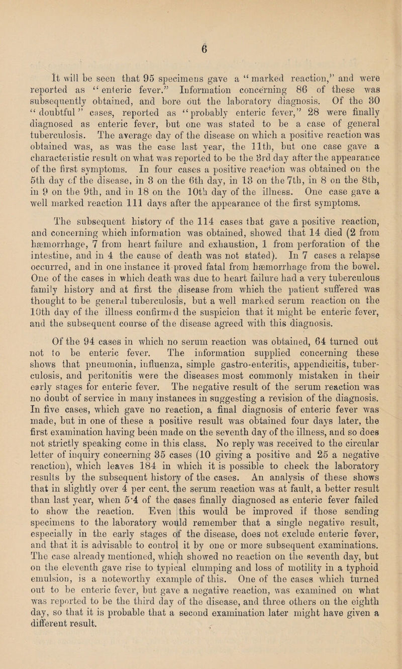 It will be seen that 95 specimens gave a “ marked reaction/’ and were reported as “ enteric fever.” Information concerning 86 of these was subsequently obtained, and bore out the laboratory diagnosis. Of the 30 “doubtful” cases, reported as “probably enteric fever,” 28 were finally diagnosed as enteric fever, but one was stated to be a case of general tuberculosis. The average day of the disease on which a positive reaction was obtained was, as was the case last year, the 11th, hut one case gave a characteristic result on what was reported to be the 3rd day after the appearance of the first symptoms. In four cases a positive reaction was obtained on the 5th day of the disease, in 3 on the 6th day, in 13 on the 7th, in 8 on the 8th, in 9 on the 9th, and in 18 on the 10th day of the illness. One case gave a well marked reaction 111 days after the appearance ot the first symptoms. The subsequent history of the 114 cases that gave a positive reaction, and concerning which information was obtained, showed that 14 died (2 from haemorrhage, 7 from heart failure and exhaustion, 1 from perforation of the intestine, and in 4 the cause of death was not stated). In 7 cases a relapse occurred, and in one instance it proved fatal from haemorrhage from the bowel. One of the cases in which death was due to heart failure had a very tuberculous family history and at first the disease from which the patient suffered was thought to he general tuberculosis, but a well marked serum reaction on the 10th day of the illness confirmed the suspicion that it might be enteric fever, and the subsequent course of the disease agreed with this diagnosis. Of the 94 cases in which no serum reaction was obtained, 64 turned out not to be enteric fever. The information supplied concerning these shows that pneumonia, influenza, simple gastro-enteritis, appendicitis, tuber¬ culosis, and peritonitis were the diseases most commonly mistaken in their early stages for enteric fever. The negative result of the serum reaction was no doubt of service in many instances in suggesting a revision of the diagnosis. In five cases, which gave no reaction, a final diagnosis of enteric fever was made, but in one of these a positive result was obtained four days later, the first examination having been made on the seventh day of the illness, and so does not strictly speaking come in this class. No reply was received to the circular letter of inquiry concerning 35 cases (10 giving a positive and 25 a negative reaction), which leaves 184 in which it is possible to check the laboratory results by the subsequent history of the cases. An analysis of these shows that in slightly over 4 per cent, the serum reaction was at fault, a better result than last year, when 5'4 of the cases finally diagnosed as enteric fever failed to show the reaction. Even this would be improved if those sending specimens to the laboratory would remember that a single negative result, especially in the early stages of the disease, does not exclude enteric fever, and that it is advisable to control it by one or more subsequent examinations. The case already mentioned, which showed no reaction on the seventh day, but on the eleventh gave rise to typical clumping and loss of motility in a typhoid emulsion, is a noteworthy example of this. One of the cases which turned out to be enteric fever, but gave a negative reaction, was examined on what was reported to be the third day of the disease, and three others on the eighth day, so that it is probable that a second examination later might have given a different result.