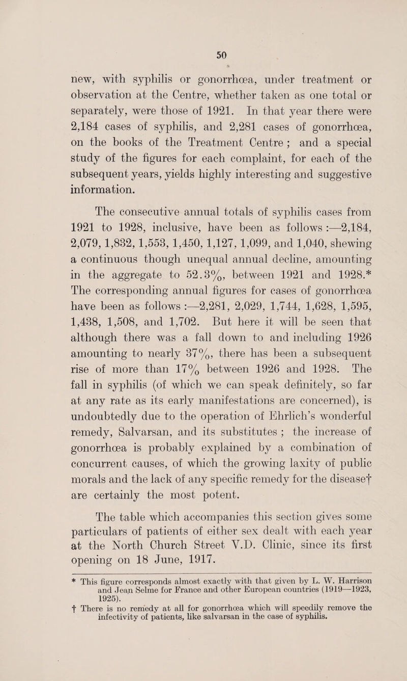 new, with syphilis or gonorrhoea, under treatment or observation at the Centre, whether taken as one total or separately, were those of 1921. In that year there were 2,184 cases of syphilis, and 2,281 cases of gonorrhoea, on the books of the Treatment Centre ; and a special study of the figures for each complaint, for each of the subsequent years, yields highly interesting and suggestive information. The consecutive annual totals of syphilis cases from 1921 to 1928, inclusive, have been as follows :—2,184, 2,079,1,882,1,558, 1,450, 1,127, 1,099, and 1,040, shewing a continuous though unequal annual decline, amounting in the aggregate to 52.8%, between 1921 and 1928.* The corresponding annual figures for cases of gonorrhoea have been as follows :—2,281, 2,029, 1,744, 1,628, 1,595, 1,488, 1,508, and 1,702. But here it will be seen that although there was a fall down to and including 1926 amounting to nearly 87%, there has been a subsequent rise of more than 17% between 1926 and 1928. The fall in syphilis (of which we can speak definitely, so far at any rate as its early manifestations are concerned), is undoubtedly due to the operation of Ehrlich’s wonderful remedy, Salvarsan, and its substitutes ; the increase of gonorrhoea is probably explained by a combination of concurrent causes, of which the growing laxity of public morals and the lack of any specific remedy for the diseasef are certainly the most potent. The table which accompanies this section gives some particulars of patients of either sex dealt with each year at the North Church Street Y.D. Clinic, since its first opening on 18 June, 1917. * This figure corresponds almost exactly with that given by L. W. Harrison and Jean Selme for France and other European countries (1919—1923, 1925). t There is no remedy at all for gonorrhoea which will speedily remove the infectivity of patients, like salvarsan in the case of syphilis.