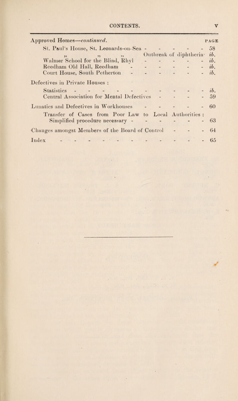 Approved Homes—continued. St. Paul's House, St. Leonards-oii-Sea - - - - - „ ,, ,, Outbreak of diphtlieiia- Walmer School for the Blind, Rhyl _ . _ _ _ Reedham Old Hall, Reedham ______ Court House, South Pethertoii ______ Defectives in Private Plouses : Statistics _ Central Association for Mental Defectives _ - _ - Lunatics and Defectives in Workhouses _ _ _ _ _ Transfer of Cases from Poor Law to Local Authorities : Simplified procedure necessary Changes amongst Members of the Board of Control _ _ _ Index PAGE 58 ih. ib. ib. ib. ib. 59 60 63 64 65