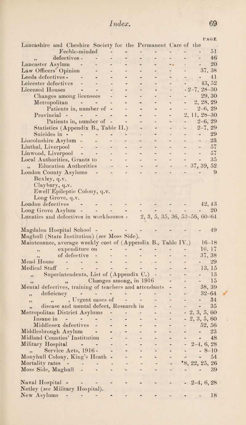 PAGE - % Laiicasliire and Cheshire Society for the Permanent Care of the Feeble-minded „ defectives - - - - - - - - Lancaster Asylum - - - - Law Officers’ Opinion _____ Leeds defectives ------- Leicester defectives ------ Licensed Houses ------ Changes among licensees Metropolitan _ _ _ _ Patients in, number of - Provincial - - - - - Patients in, number of - Statistics (Appendix B., Table II.) Suicides in - Lincolnshire Asvlum - . - - 4/ Linthal, Liverpool _ - - . Linwood, Liverpool - - _ - Local Authorities, Grants to „ Education Authorities London County Asylums _ - _ Bexley, q.v. Claybury, q.v. Ewell* Epileptic Colony, q.v. Long Grove, q.v. London defectives - _ _ _ Long Grove Asylum - - - - Lunatics and defectives in workhouses - 51 - 46 - 20 37, 38 - 41 43, 52 - 2-7, 28-30 29, 30 - 2, 28, 29 2-6, 29 2, 11, 28-30 2-6, 29 2-7, 29 - 29 - 23 - 57 - 57 - 35 - 37, 39, 52 9 42, 43 20 2, 3, 5, 35, 36, 53-56, 60-64 Magdalen Hospital School ------- Maghull (State Institution) (^see Moss Side). Maintenance, average weekly cost of (Appendix B., Table IV.) „ expenditure on ----- - „ of defective - - - - - - Mead House - -- -- -- -- Medical Staff - -- -- -- -- Superintendents, List of (Appendix C.) - - - „ Changes among, in 1916 Mental defectives, training of teachers and attendants - deficiency ,, , LL’gent oases of - - - - - disease and mental defect. Research in - - - Metropolitan District Asylums - - . - - 49 7? Insane in Middlesex defectives Middlesbrough Asylum Midland Counties’ Institution Military Hospital . - - „ Service Acts, 1916- Monyhull Colony, King’s Heath - Mortality rates - - - - Moss Side, Maghull _ - - Naval Hospital - - - - Netley (^see Military Hospital). New Asylums - - - - 16-18 16, 17 37, 38 29 13, 15 13 - 15 38, 39 32-64 - 34 - 35 - 2, 3, 5, 69 - 2, 3, 5, 69 52, 56 - 23 - 48 - 2-4, 6, 28 - 8-19 - 54 •8, 22, 25, 26 - 39 - 2-4, 6, 28 ' - 18