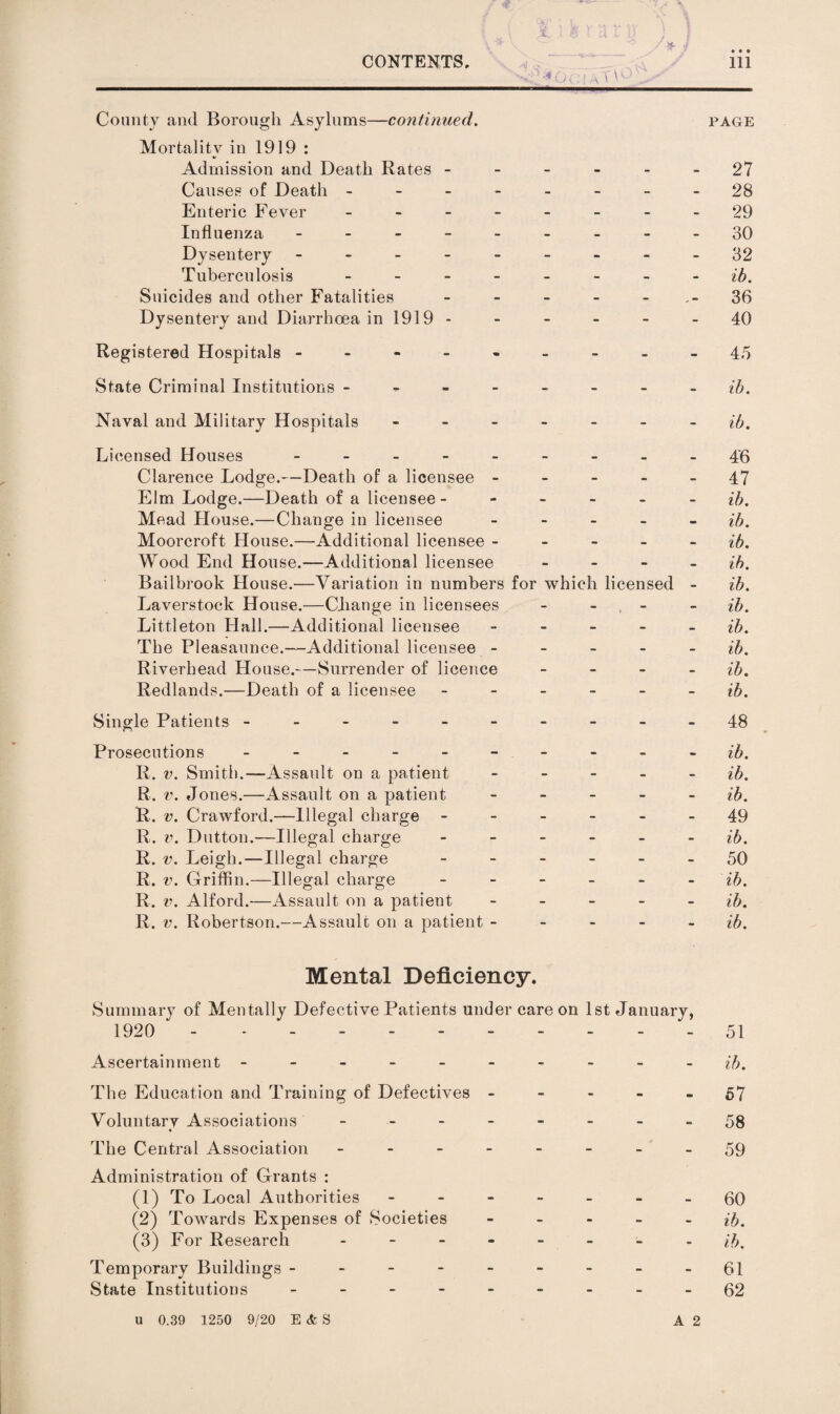 'Oci County and Borough Asylums—continued. Mortality in 1919 : %f _ Admission and Death Rates ----- Causes of Death ------- Enteric Fever Influenza -------- Dysentery - -- -- -- - Tuberculosis ------- Suicides and other Fatalities - - - - - Dysentery and Diarrhoea in 1919 ----- Registered Hospitals -------- State Criminal Institutions ------- Naval and Military Hospitals ------ Licensed Houses - -- -- -- . Clarence Lodge.—Death of a licensee - - - - Elm Lodge.—Death of a licensee - - - - - Mead House.—Change in licensee - - - - Moorcroft House.—Additional licensee - - - - Wood End House.—Additional licensee - - - Bailbrook House.—Variation in numbers for which licensed Laverstock House.—CJiange in licensees - - - Littleton Hall.—Additional licensee - - - - The Pleasaunce.“Additional licensee - - - - Riverhead House.—Surrender of licence - - - Redlands.—Death of a licensee - - - - - Single Patients --------- Prosecutions - - - - - - - R. V. Smith.—Assault on a patient - - - - R. V, Jones.—Assault on a patient - - - - R. V. Crawford.—Illegal charge - - - - - R. V. Dutton.—Illegal charge - - - - - R. V. Leigh.—Illegal charge ----- R. V. Criflin.—Illegal charge - - - _ - R. V, Alford.—Assault on a patient - - - - R. V. Robertson.—Assault on a patient - - - - PAGE 27 28 29 30 32 ih. 36 40 45 ih, ib, 4‘6 47 ib, ib, ib, ih, ib, ib, ib, ib, ib, ib, 48 ib, ih, ib, 49 ib, 50 ib, ib. ib. Mental Deficiency. Summary of Mentally Defective Patients under care on 1st January, 1920 . 51 Ascertainment ---------- The Education and Training of Defectives ----- 67 Voluntary Associations - -- -- -- -58 The Central Association - -- -- -- -59 Administration of Grants : (1) To Local Authorities - -- -- -- go (2) Towards Expenses of Societies - - - - - ib. (3) For Research Temporary Buildings - - - - - - - - -61 State Institutions - -- -- ----62