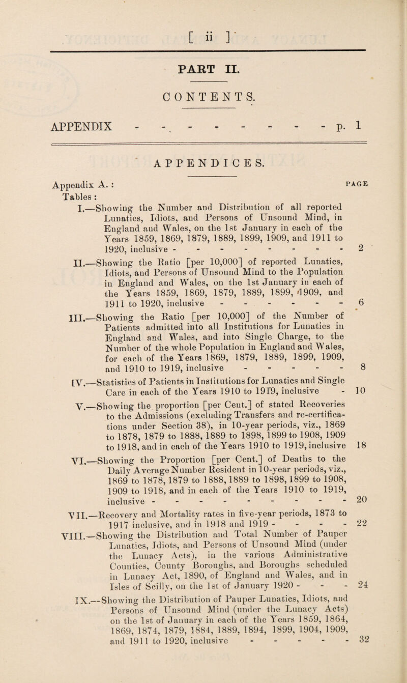 [ ii ] PABT II. CONTENTS. APPENDIX - .p. 1 APPENDICES. Appendix A. : page Tables : I.—Showing the Number and Distribution of all reported Lunatics, Idiots, and Persons of Unsound Mind, in England and Wales, on the 1st January in each of the Years 1859, 1869, 1879, 1889, 1899, 1909, and 1911 to 1920, inclusive --------2 II.—Showing the Ratio [per 10,000] of reported Lunatics, Idiots, and Persons of Unsound Mind to the Population in England and Wales, on the 1st January in each of the Years 1859, 1869, 1879, 1889, 1899, d909, and 1911 to 1920, inclusive.- 6 III.—Showing the Ratio [per 10,000] of the Number of Patients admitted into all Institutions for Lunatics in England and Wales, and into Single Charge, to the Number of the whole Population in England and Wales, for each of the Years 1869, 1879, 1889, 1899, 1909, and 1910 to 1919, inclusive.8 [y._Statistics of Patients in Institutions for Lunatics and Single Care in each of the Years 1910 to 1919, inclusive - 10 y._Showing the proportion [per Cent.] of stated Recoveries to the Admissions (excluding Transfers and re-certifica¬ tions under Section 38), in 10-year periods, viz., 1869 to 1878, 1879 to 1888, 1889 to 1898, 1899 to 1908, 1909 to 1918, and in each of the Years 1910 to 1919, inclusive 18 yi._Showing the Proportion [per Cent.] of Deaths to the Daily Average Number Resident in 10-year periods, viz,, 1869 to 1878,1879 to 1888,1889 to 1898,1899 to 1908, 1909 to 1918, and in each of the Years 1910 to 1919, inclusive ---------20 YIL—Recovery and Mortality rates in five-year periods, 1873 to 1917 inclusive, and in 1918 and 1919 - - - - 22 yill._Showing the Distribution and Total Number of Pauper Lunatics, Idiots, and Persons of Unsound Mind (under the Lunacy Acts), in the various Administrative Counties, County Boroughs, and Boroughs scheduled in Lunacy Act, 1890, of England and Whales, and in Isles of Scilly, on the 1st of January 1920 - - - 24 IX.— Showing the Distribution of Pauper Lunatics, Idiots, and Persons of Unsound Mind (under the Lunacy Acts) on the 1st of January in each of the Years 1859, 1864, 1869, 1874, 1879, 1884, 1889, 1894, 1899, 1904, 1909, and 1911 to 1920, inclusive. 32