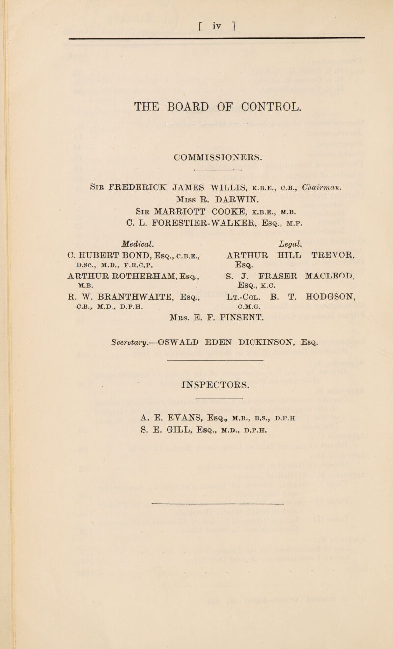 THE BOARD OF CONTROL. COMMISSIONERS. Sir FREDERICK JAMES WILLIS, k.b.e., c.b., Chairman. Miss R. DARWIN. Sir MARRIOTT COOKE, k.b.e., m.b. C. L. FORESTIER-WALKER, Esq., m.p. Medical. C. HUBERT BOND, Esq., c.b.e., D.SC., M.D., F.R.C.P. ARTHUR ROTHERHAM, Esq., M.B. R. W. BRANTHWAITE, Esq., C.B., M.D., D.P.H. Mrs. E. Secretary.—OSWALD Legal. ARTHUR HILL TREYOR, Esq. S. J. FRASER MACLEOD, Esq., k.c. Lt.-Col. B. T. HODGSON, C.M.G. F. PINSENT. EDEN DICKINSON, Esq. INSPECTORS. A. E. EYANS, Esq., m.b., b.s., d.p.h S. E. GILL, Esq., m.d., d.p.h.