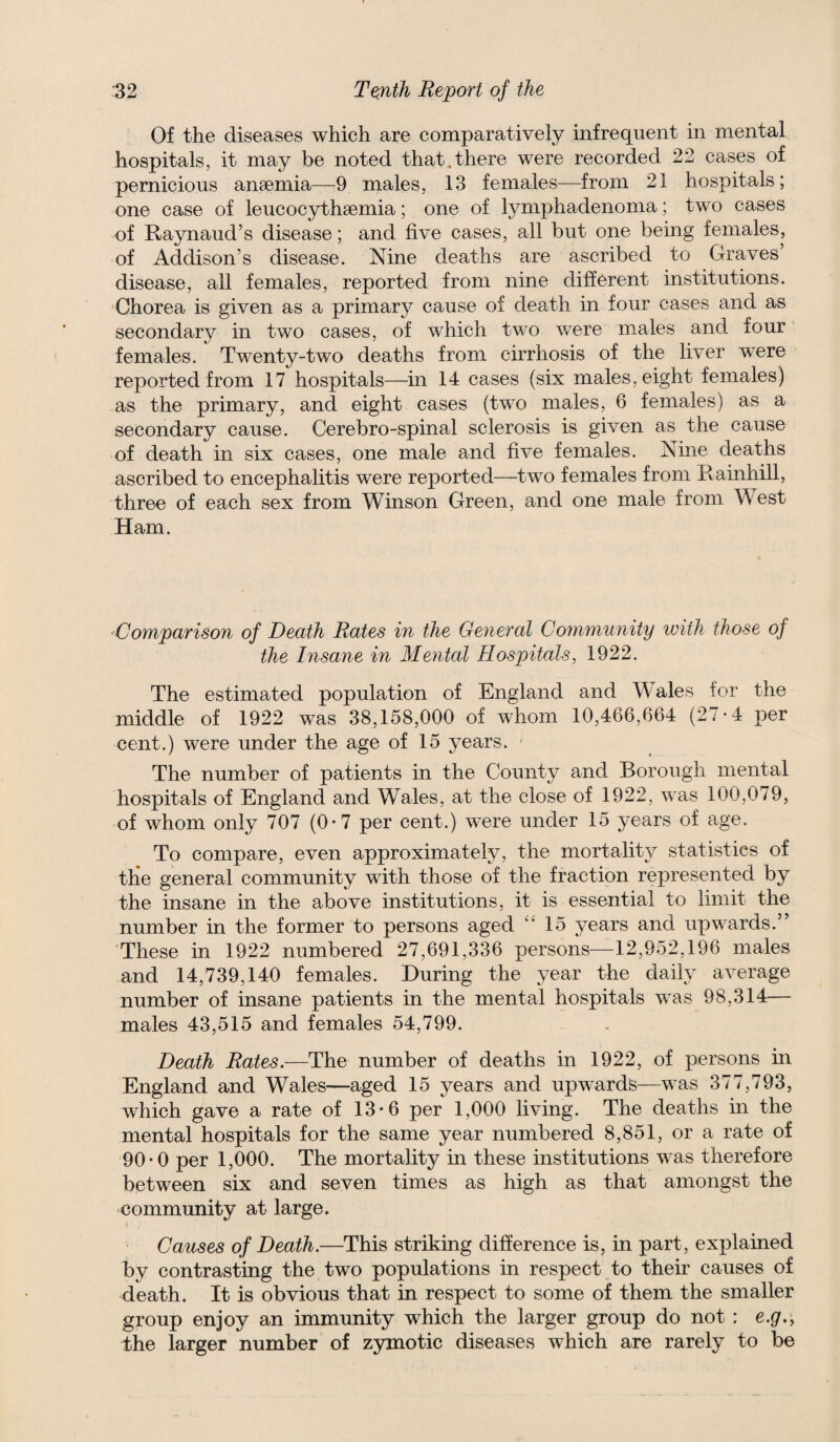 Of the diseases which are comparatively infrequent in mental hospitals, it may be noted that.there were recorded 22 cases of pernicious ansemia—9 males, 13 females—from 21 hospitals; one case of leucocythaemia; one of lymphadenoma; two cases of Raynaud’s disease; and five cases, all but one being females, of Addison’s disease. Nine deaths are ascribed to Graves’ disease, all females, reported from nine different institutions. Chorea is given as a primary cause of death in four cases and as secondary in two cases, of which two were males and four females. Twenty-two deaths from cirrhosis of the liver were reported from 17 hospitals—in 14 cases (six males, eight females) as the primary, and eight cases (two males, 6 females) as a secondary cause. Cerebro-spinal sclerosis is given as the cause of death in six cases, one male and five females. Nine deaths ascribed to encephalitis were reported—two females from Rainhill, three of each sex from Winson Green, and one male from West Ham. Comparison of Death Rates in the General Community with those of the Insane in Mental Hospitals, 1922. The estimated population of England and Wales for the middle of 1922 was 38,158,000 of whom 10,466,664 (27-4 per cent.) were under the age of 15 years. The number of patients in the County and Borough mental hospitals of England and Wales, at the close of 1922, was 100,079, of whom only 707 (0*7 per cent.) were under 15 years of age. To compare, even approximately, the mortality statistics of tlie general community with those of the fraction represented by the insane in the above institutions, it is essential to limit the number in the former to persons aged ‘‘ 15 years and upwards.” These in 1922 numbered 27,691,336 persons—12,952,196 males and 14,739,140 females. During the year the daily average number of insane patients in the mental hospitals was 98,314— males 43,515 and females 54,799. Death Rates.—The number of deaths in 1922, of persons in England and Wales—aged 15 years and upw^ards—was 377,793, which gave a rate of 13-6 per 1,000 living. The deaths in the mental hospitals for the same year numbered 8,851, or a rate of 90*0 per 1,000. The mortality in these institutions was therefore between six and seven times as high as that amongst the community at large. Causes of Death.—This striking difference is, in part, explained by contrasting the two populations in respect to then causes of death. It is obvious that in respect to some of them the smaller group enjoy an immunity which the larger group do not: e.g., the larger number of zymotic diseases which are rarely to be