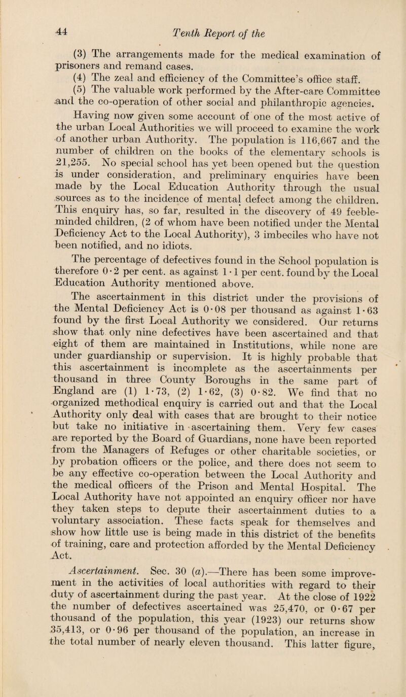 (3) The arrangements made for the medical examination of prisoners and remand cases. (4) The zeal and efficiency of the Committee’s office staff. (5) The valuable work performed by the x4fter-care Committee ^nd the co-operation of other social and philanthropic agencies. Having now given some account of one of the most active of the urban Local Authorities we will proceed to examine the work of another urban Authority. The population is 116,667 and the number of children on the books of the elementary schools is 21,255. No special school has yet been opened but the question is under consideration, and preliminary enquiries have been made by the Local Education Authority through the usual sources as to the incidence of mental defect among the children. This enquiry has, so far, resulted in the discovery of 49 feeble¬ minded children, (2 of whom have been notified under the Mental Deficiency Act to the Local Authority), 3 imbeciles who have not been notified, and no idiots. The percentage of defectives found in the School population is therefore 0-2 per cent, as against 1 • 1 per cent, found by the Local Education Authority mentioned above. The ascertainment in this district under the provisions of the Mental Deficiency Act is 0-08 per thousand as against 1-63 found by the first Local Authority we considered. Our returns show that only nine defectives have been ascertained and that eight of them are maintained in Institutions, while none are under guardianship or supervision. It is highly probable that this ascertainment is incomplete as the ascertainments per thousand in three County Boroughs in the same part of England are (1) 1*73, (2) 1*62, (3) 0*82. We find that no organized methodical enquiry is carried out and that the Local Authority only deal with cases that are brought to their notice but take no initiative in 'ascertaining them. Very few cases are reported by the Board of Guardians, none have been reported from the Managers of Refuges or other charitable societies, or by probation officers or the police, and there does not seem to be any effective co-operation between the Local Authority and the medical officers of the Prison and Mental Hospital. The Local Authority have not appointed an enquiry officer nor have they taken steps to depute their ascertainment duties to a voluntary association. These facts speak for themselves and show how httle use is being made in this district of the benefits of training, care and protection afforded by the Mental Deficiency Act. Ascertainment. Sec. 30 (a).—There has been some improve¬ ment in the activities of local authorities with regard to their duty of ascertainment during the past year. At the close of 1922 the number of defectives ascertained was 25,470, or 0-67 per thousand of the population, this year (1923) our returns show 35,413, or 0-96 per thousand of the population, an increase in the total number of nearly eleven thousand. This latter figure,