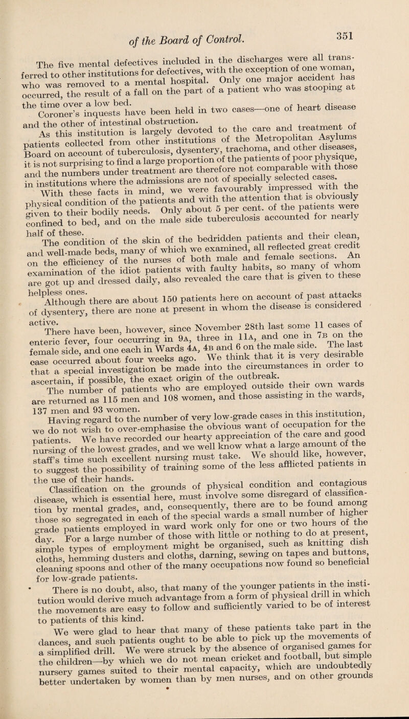 The five mental defectives included in the discharges were all trans- occurred, the result of a fall on the part of a patient who was stooping a ‘’^croner’rinq^ste have been held in two cases-one of heart disease and treatment of natients collected from other institutions of the Metropolitan Asylums Board on account of tuberculosis, dysentery, trachoma, and other *seases, hXotTwrLng to find a large proportion of the patients of poor physique, and the ^bers under treatment are therefore not comparable with those in institutions where the admissions are not of specially selecteci case^ Wfih tee fa^^^^ in mind, we were favourably impressed with the nhvsical condition of the patients and with the attention that is obviously m™ to their bodily needs. Only about 5 per cent, of the patients were fonfined to bed, and on the male side tuberculosis accounted for nearly ThVcondition of the skin of the bedridden patients and their clean and wdl We^ds, many of which - OTT the efficiency of the nurses of both male and female sections, itn examination of the idiot patients with faulty habits so _ many of whom arrgot up and dressed daily, also revealed the care that is given to these *^*’''ljthouS'there are about 150 patients here on account of past attacks of dysentefy, there are none at present in whom the disease is considers have been, however, since November 28th l^t some 11 ^e« enteric fever four occurring in 9a, three m 11a, and one m 7b on the female side, and one each in Wards 4a, and 6 ae “ale side The^ ease occurred about four weeks ago. M-e think that it is very desirable that a special investigation be made into the circumstances in order acipprtain if possible, the exact origin of the out break. The number of patients who are employed outside their own 'urd® are returned as 116 men and 108 women, and those assisting in the war , ^^'^Ifo^i^regard to the number of very low-grade cases in this institution, we do not wish to over-emphasise the obvious want of occupation for the natients We have recorded our hearty appreciation of the care and goo nmslng of the lowest grades, and we well know what a large amount of the Zffs time such excehent nursing must take. We « h^e to suggest the possibility of training some of the less afflicted patients **^'^Ctetification'^ the grounds of physical condition and contagious disease which is essential here, must involve some disregard of classifica¬ tion by mental grades, and, consequently, there are to be found i^o g those so segregated in each of the special wards a small number of hjgjio SX paSs employed in ward work only for one or two hours of the lav For a large number of those with little or nothing to do at present, simple types of employment might be organised, such as knitting dish cloths v.I^rr,;rig dusters and cloths, darning, sewing on tapes and buttons cleaning spoons and other of the many occupations now found so beneficial for low-grade patients. ^ • ii. • 4-- There is no doubt, also, that many of the younger patients in the i^ti- tution would derive much advantage from a forna of physical the movements are easy to follow and sufficiently varied to be of inte to patients of this kind. ^ • at. We were glad to hear that many of these patients take part in the dances and such patients ought to be able to pick up the movements of a simplified drill. We were struck by the absence of the children—^by which we do not mean cricket and football, but simple nursery games suited to their mental capacity, which are ^doubte y bXr undertaken by women than by men nurses, and on other grounds