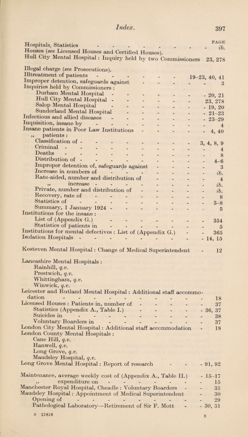 Hospitals, Statistics ' ~ ib Houses (see Licensed Houses and Certified Houses). Hull City Mental Hospital: Inquiry held by two Commissioners 23, 278 Illegal charge {see Prosecutions). Illtreatment of patients Improper detention, safeguards against Inquiries held by Commissioners : Durham Mental Hospital. Hull City Mental Hospital - - - . _ Salop Mental Hospital - - . . . Sunderland Mental Hospital - - . . Infectious and allied diseases - - . _ _ Inquisition, insane by - . _ Insane patients in Poor Law Institutions - . . ,, patients: Classification of- Criminal Deaths Distribution of - Improper detention of, safeguards against Increase in numbers of - Rate-aided, number and distribution of - - „ increase Private, number and distribution of - Recovery, rate of . Statistics of - Summary, 1 January 1924- Institutions for the insane : List of (Appendix G.) Statistics of patients in - - - Institutions for mental defectives : List of (Appendix G.) Isolation Hospitals Kesteven Mental Hospital: Change of Medical Superintendent - 12 Lancashire Mental Hospitals ; Rainhill, q.v. Prestwich, q.v. Whittingham, q.v. Winwick, q.v. Leicester and Rutland Mental Hospital: Additional staff accommo¬ dation ---.--....18 Licensed Houses: Patients in, number of - - - - - 37 Statistics (Appendix A., Table I.).36, 37 Suicides in . ........38 Voluntary Boarders in ....... 37 London City Mental Hospital: Additional staff accommodation - 18 London County Mental Hospitals : Cane Hill, q.v. • Hanwell, q.v. Long Grove, q.v. Maudsley Hospital, q.v. Long Grove Mental Hospital: Report of research - - - 91, 92 Maintenance, average weekly cost of (Appendix A., Table II.) - 15-17 ,, expenditure on - - - - - - - 15 Manchester Royal Hospital, Cheadle : Voluntary Boarders - - 35 Maudsley Hospital: Appointment of Medical Superintendent - 30 Opening of - -.......29 Pathological Laboratory—Retirement of Sir F. Mott - - 30, 31 X 218J6 c -23, 40, 41 3 - 20, 21 23, 278 - 19, 20 - 21-23 - 23-29 4 - 4, 40 3, 4, 8, 9 4 8 4-6 3 ib. 4 ib. ib. 8 3-8 5 354 5 365 - 14, 15