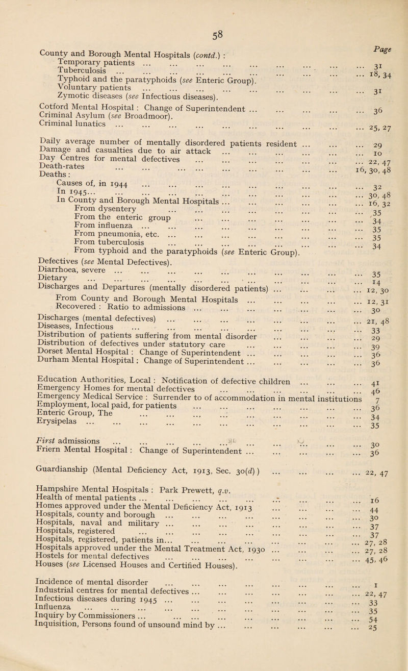 County and Borough Mental Hospitals (contd.) : Temporary patients. Tuberculosis Typhoid and the paratyphoids (see Enteric Group). Voluntary patients Zymotic diseases (see Infectious diseases). Cotford Mental Hospital : Change of Superintendent Criminal Asylum (see Broadmoor). Criminal lunatics Daily average number of mentally disordered patients resident Damage and casualties due to air attack . Day Centres for mental defectives Death-rates Deaths: Causes of, in 1944 In 1945.. In County and Borough Mental Hospitals. From dysentery From the enteric group From influenza ... From pneumonia, etc. From tuberculosis From typhoid and the paratyphoids (see Enteric Group). Defectives (see Mental Defectives). Diarrhoea, severe. Dietary . . Discharges and Departures (mentally disordered patients). From County and Borough Mental Hospitals . Recovered : Ratio to admissions ... Discharges (mental defectives) . Diseases, Infectious Distribution of patients suffering from mental disorder Distribution of defectives under statutory care Dorset Mental Hospital : Change of Superintendent ... Durham Mental Hospital: Change of Superintendent ... Page ... 31 ... 18, 34 ... 31 ... 36 ... 25, 27 ... 29 10 ... 22, 47 16, 30, 48 ... 32 ... 30, 48 ... 16, 32 ••• 35 ••• 34 ••• 35 ••• 35 ••• 34 ••• 35 ... 14 ... 12, 30 ... 12, 31 ... 30 ... 21, 48 ••• 33 29 ... 39 ... 36 ... 36 Education Authorities, Local : Notification of defective children Emergency Homes for mental defectives . Emergency Medical Service : Surrender to of accommodation in mental Employment, local paid, for patients . Enteric Group, The Erysipelas.. . institutions 4i 46 7 36 34 35 First admissions ... ... ... ... ...41- Friern Mental Hospital : Change of Superintendent ... Guardianship (Mental Deficiency Act, 1913, Sec. 30(d)) Hampshire Mental Hospitals : Park Prewett, q.v. Health of mental patients ... Homes approved under the Mental Deficiency Act, 1913 Hospitals, county and borough Hospitals, naval and military ... Hospitals, registered Hospitals, registered, patients in. Hospitals approved under the Mental Treatment Act, 1930 . Hostels for mental defectives Houses (see Licensed Houses and Certified Houses). Incidence of mental disorder . Industrial centres for mental defectives ... Infectious diseases during 1945 ... Influenza ... . ... ’ Inquiry by Commissioners ... . Inquisition, Persons found of unsound mind by. 30 36 22, 47 16 ... 44 ... 30 ••• 37 ••• 37 ... 27, 28 ... 27, 28 ... 45, 46 ... 22, 47 ••• 33 ••• 35 ••• 54 ... 25