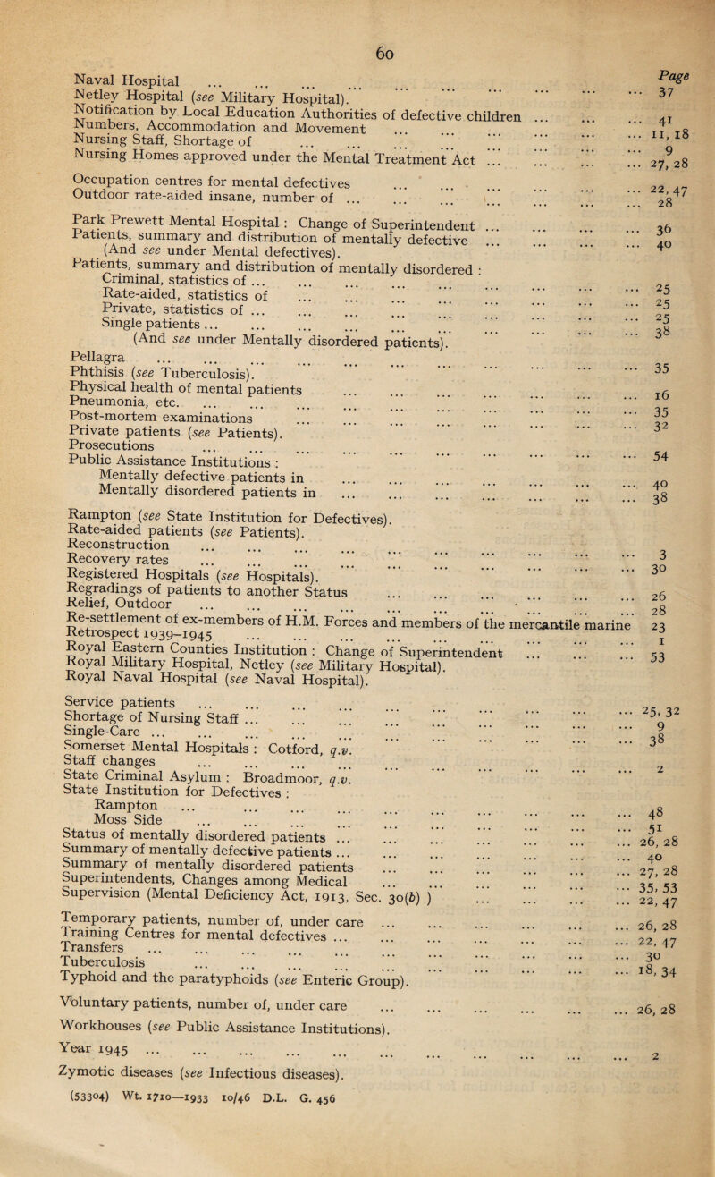 Naval Hospital . Netley Hospital (see Military Hospital). Notification by Local Education Authorities of defective children JNumbers, Accommodation and Movement Nursing Staff, Shortage of .’ Nursing Homes approved under the Mental Treatment Act Occupation centres for mental defectives Outdoor rate-aided insane, number of ... Park Prewett Mental Hospital : Change of Superintendent Patients, summary and distribution of mentally defective (And see under Mental defectives). Patients, summary and distribution of mentally disordered • Criminal, statistics of. Rate-aided, statistics of Private, statistics of. *” Single patients. (And see under Mentally disordered patients). Pellagra Phthisis (see Tuberculosis). Physical health of mental patients Pneumonia, etc. Post-mortem examinations Private patients (see Patients). Prosecutions Public Assistance Institutions : Mentally defective patients in Mentally disordered patients in Rampton (see State Institution for Defectives). Rate-aided patients (see Patients). Reconstruction Recovery rates Registered Hospitals (see Hospitals). Regradings of patients to another Status Relief, Outdoor ... ... ... ” ’ * ’ * - Re-settlement of ex-members of H.M. Forces and members of the mercantile marine Retrospect 1939-1945 . TD°^aJ Jc^tera bounties Institution : Change of Superintendent Royal Military Hospital, Netley (see Military Hospital). Royal Naval Hospital (see Naval Hospital). Page 37 4i 11, 18 9 27, 28 22,47 28 36 40 25 25 25 38 35 16 35 32 54 40 38 3 30 26 28 23 1 53 Service patients . Shortage of Nursing Staff.’ Single-Care. ” Somerset Mental Hospitals : Cotford, q‘v. Staff changes State Criminal Asylum : Broadmoor, q.v. State Institution for Defectives : Rampton Moss Side Status of mentally disordered patients ... Summary of mentally defective patients ... Summary of mentally disordered patients Superintendents, Changes among Medical . Supervision (Mental Deficiency Act, 1913, Sec. 30(b) ) Temporary patients, number of, under care Training Centres for mental defectives ... Transfers Tuberculosis Typhoid and the paratyphoids (see Enteric Group). Voluntary patients, number of, under care Workhouses (see Public Assistance Institutions). Year 1945. Zymotic diseases (see Infectious diseases). • •• 25, 32 9 ... 38 ... 48 ... 51 ... 26, 28 40 ... 27, 28 ••• 35. 53 ... 22,47 ... 26, 28 ... 22, 47 ... 30 ... 18,34 ... 26, 28 2 (53304) Wt. 1710—1933 10/46 D.L. G. 456