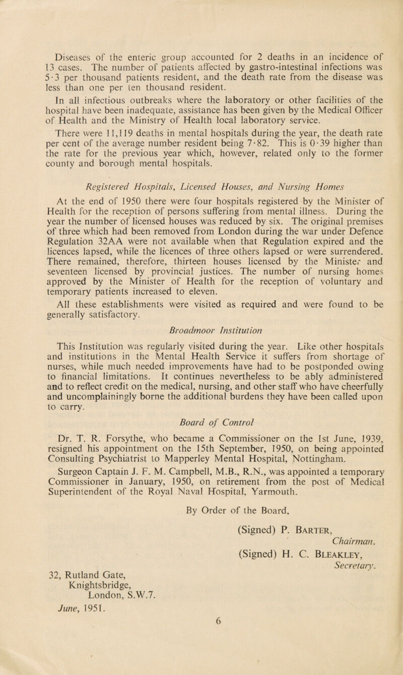 Diseases of the enteric group accounted for 2 deaths in an incidence of 13 cases. The number of patients affected by gastro-intestinal infections was 5-3 per thousand patients resident, and the death rate from the disease was less than one per ten thousand resident. In all infectious outbreaks where the laboratory or other facilities of the hospital have been inadequate, assistance has been given by the Medical Officer of Health and the Ministry of Health local laboratory service. There were 11,119 deaths in mental hospitals during the year, the death rate per cent of the average number resident being 7*82. This is 0*39 higher than the rate for the previous year which, hov/ever, related only to the former county and borough mental hospitals. Registered Hospitals, Licensed Houses, and Nursing Homes At the end of 1950 there were four hospitals registered by the Minister of Health for the reception of persons suffering from mental illness. During the year the number of licensed houses was reduced by six. The original premises of three which had been removed from London during the war under Defence Regulation 32AA were not available when that Regulation expired and the licences lapsed, while the licences of three others lapsed or were surrendered. There remained, therefore, thirteen houses licensed by the Minister and seventeen licensed by provincial justices. The number of nursing homes approved by the Minister of Health for the reception of voluntary and temporary patients increased to eleven. All these establishments were visited as required and were found to be generally satisfactory. Broadmoor Institution This Institution was regularly visited during the year. Like other hospitals and institutions in the Mental Health Service it suffers from shortage of nurses, while much needed improvements have had to be postponded owing to financial limitations. It continues nevertheless to be ably administered and to reflect credit on the medical, nursing, and other staff who have cheerfully and uncomplainingly borne the additional burdens they have been called upon to carry. Board of Control Dr. T. R. Forsythe, who became a Commissioner on the 1st June, 1939, resigned his appointment on the 15th September, 1950, on being appointed Consulting Psychiatrist to Mapperley Mental Hospital, Nottingham. Surgeon Captain J. F. M. Campbell, M.B., R.N., was appointed a temporary Commissioner in January, 1950, on retirement from the post of Medical Superintendent of the Royal Naval Hospital, Yarmouth. By Order of the Board, 32, Rutland Gate, Knightsbridge, London, S.W.7. June, 1951, (Signed) P. Barter, Chairman. (Signed) H. C. Bleakley, Secretary.