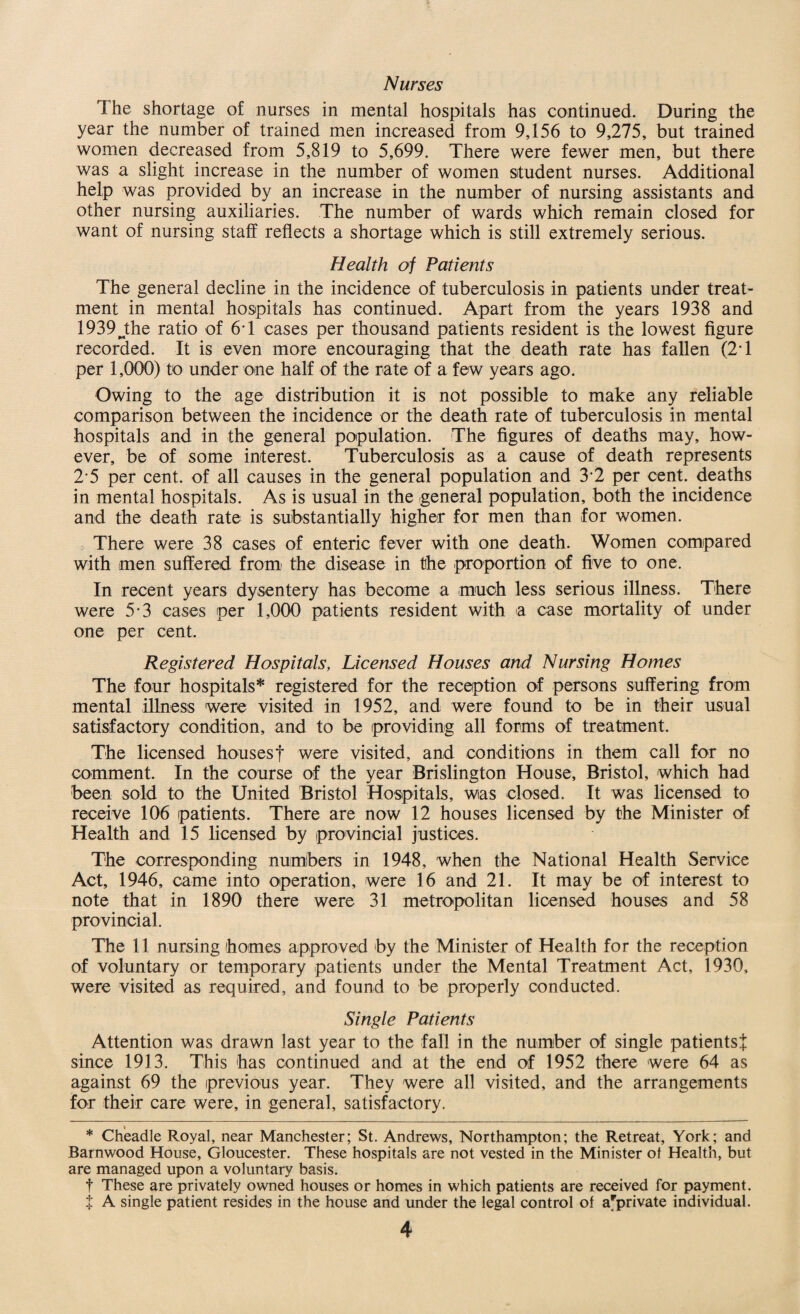 Nurses The shortage of nurses in mental hospitals has continued. During the year the number of trained men increased from 9,156 to 9,275, but trained women decreased from 5,819 to 5,699. There were fewer men, but there was a slight increase in the number of women student nurses. Additional help was provided by an increase in the number of nursing assistants and other nursing auxiliaries. The number of wards which remain closed for want of nursing staff reflects a shortage which is still extremely serious. Health of Patients The general decline in the incidence of tuberculosis in patients under treat¬ ment in mental hospitals has continued. Apart from the years 1938 and 1939j;he ratio of 6T cases per thousand patients resident is the lowest figure recorded. It is even more encouraging that the death rate has fallen (2T per 1,000) to under one half of the rate of a few years ago. Owing to the age distribution it is not possible to make any reliable comparison between the incidence or the death rate of tuberculosis in mental hospitals and in the general population. The figures of deaths may, how¬ ever, be of some interest. Tuberculosis as a cause of death represents 2 5 per cent, of all causes in the general population and 3*2 per cent, deaths in mental hospitals. As is usual in the general population, both the incidence and the death rate is substantially higher for men than for women. There were 38 cases of enteric fever with one death. Women compared with men suffered from the disease in the proportion of five to one. In recent years dysentery has become a much less serious illness. There were 5-3 cases per 1,000 patients resident with a case mortality of under one per cent. Registered Hospitals, Licensed Houses and Nursing Homes The four hospitals* registered for the reception of persons suffering from mental illness were visited in 1952, and were found to be in their usual satisfactory condition, and to be providing all forms of treatment. The licensed housesf were visited, and conditions in them call for no comment. In the course of the year Brislington House, Bristol, which had been sold to the United Bristol Hospitals, was closed. It was licensed to receive 106 patients. There are now 12 houses licensed by the Minister of Health and 15 licensed by provincial justices. The corresponding numbers in 1948, when the National Health Service Act, 1946, came into operation, were 16 and 21. It may be of interest to note that in 1890 there were 31 metropolitan licensed houses and 58 provincial. The 11 nursing homes approved by the Minister of Health for the reception of voluntary or temporary patients under the Mental Treatment Act, 1930, were visited as required, and found to be properly conducted. Single Patients Attention was drawn last year to the fall in the number of single patients}: since 1913. This has continued and at the end of 1952 there were 64 as against 69 the previous year. They were all visited, and the arrangements for their care were, in general, satisfactory. * Cheadle Royal, near Manchester; St. Andrews, Northampton; the Retreat, York; and Barnwood House, Gloucester. These hospitals are not vested in the Minister ot Health, but are managed upon a voluntary basis. f These are privately owned houses or homes in which patients are received for payment. t A single patient resides in the house and under the legal control of arprivate individual.