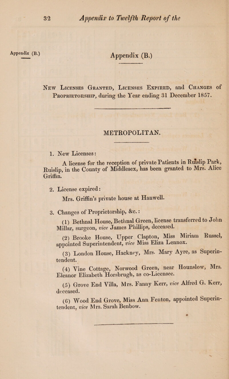 Appendix (B.) Appendix (B.) New Licenses Granted, Licenses Expired, and Changes of Proprietorship, during the Year ending 31 December 1857. METROPOLITAN. 1. New Licenses: A license for the reception of private Patients in Ruislip Park, Ruislip, in the County of Middlesex, has been granted to Mrs. Alice Griffin. 2. License expired: Mrs. Griffin’s private house at Hanwell. 3. Changes of Proprietorship, &c.: (1) Bethnal House, Bethnal Green, license transferred to John Millar, surgeon, vice James Phillips, deceased. (2) Brooke House, Upper Clapton, Miss Miriam Russel, appointed Superintendent, vice Miss Eliza Lennox. (3) London House, Hackney, Mrs* Mary Ay re, as Superin¬ tendent. (4) Vine Cottage, Norwood Green, near Hounslow, Mrs. Eleanor Elizabeth Horsbrugh, as co-Licensee. (5) Grove End Villa, Mrs. Fanny Kerr, vice Alfred G, Kerr, deceased. (6) Wood End Grove, Miss Ann Fenton, appointed Superin¬ tendent, vice Mrs. SarahBenbow.