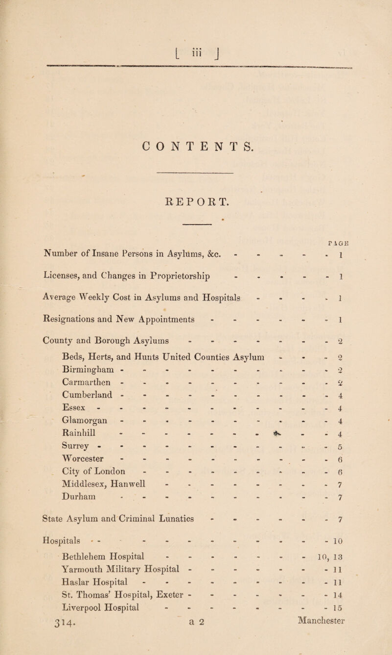 CONTENTS. REPORT. Number of Insane Persons in Asylums, &c. - - - - PAGJ - 1 Licenses, and Changes in Proprietorship - - - 1 Average Weekly Cost in Asylums and Hospitals - es wO Ok 1 Resignations and New Appointments - - - ao - 1 County and Borough Asylums - - - - - 9 Beds, Herts, and Hunts United Counties Asylum - o - 9 Birmingham ----- - - - 9 Carmarthen - - - - - • 2 Cumberland - - - - - - 4 Essex ------ ■- - - - - 4 Glamorgan - - - - 4 Ra inhill - - - - - 4 Surrey ------ s> - - - 5 Worcester - - - - <s*> - 6 City of London - - - A OK - 6 Middlesex, Han well - Q> - - - 7 Durham -.---- - - • - - 7 State Asylum and Criminal Lunatics - - on - - 7 Hospitals - a* 19 - - 10 Bethlehem Hospital - s» - w 10, 13 Yarmouth Military Hospital - - - - - 11 Haslar Hospital - VA sm - ■ - - 11 St. Thomas’ Hospital, Exeter - - - - - 14 Liverpool Hospital - 3M* a 2  of - 15 Manchester