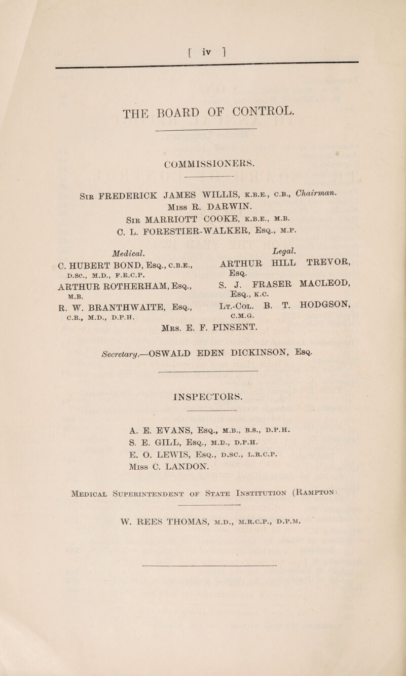 THE BOARD OF CONTROL. COMMISSIONERS. Sir FREDERICK JAMES WILLIS, k.b.e., c.b., Chairman. Miss R. DARWIN. Sir MARRIOTT COOKE, k.b.e., m.b. C. L. EORESTIER-WALKER, Esq., m.p. Medical. C. HUBERT BOND, Esq., c.b.e., D.SC., M.D., F.R.C.P. ARTHUR ROTHERHAM, Esq., M.B. R. W. BRANTHWAITE, Esq., C.B., M.D., D.P.H. Legal. ARTHUR HILL TREYOR, Esq. S. J. FRASER MACLEOD, Esq., k.c. Lt.-Col. B. T. HODGSON, C.M.G. Mrs. E. F. PINSENT. Secretary.—OSWALD EDEN DICKINSON, Esq. INSPECTORS. A., E. EYANS, Esq., m.b., b.s., d.p.h. S. E. GILL, Esq., m.d., d.p.h. E. O. LEWIS, Esq., d.sc., l.r.c.p. Miss C. LANDON. Medical Superintendent of State Institution (Ramptonu W. REES THOMAS, m.d., m.r.c.p., d.p.m.