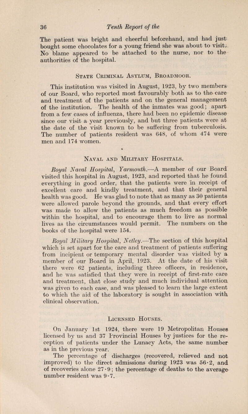 The patient was bright and cheerful beforehand, and had just bought some chocolates for a young friend she was about to visit. No blame appeared to be attached to the nurse, nor to the authorities of the hospital. State Criminal Asylum, Broadmoor. This institution was visited in August, 1923, by two members of our Board, who reported most favourably both as to the- care and treatment of the patients and on the general management of the institution. The health of the inmates was good; apart from a few cases of influenza, there had been no epidemic disease since our visit a year previously, and but three patients were at the date of the visit known to be suffering from tuberculosis. The number of patients resident was 648, of whom 474 were men and 174 women. Naval and Military Hospitals. Royal Naval Hospital, Yarmouth.—A member of our Board visited this hospital in August, 1923, and reported that he found everything in good order, that the patients were in receipt of excellent care and kindly treatment, and that their general health was good. He was glad to note that as many as 30 patients were allowed parole beyond the grounds, and that every effort was made to allow the patients as much freedom as possible within the hospital, and to encourage them to live as normal lives as the circumstances would permit. The numbers on the books of the hospital were 154. Royal Military Hospital, Netley.—The section of this hospital which is set apart for the care and treatment of patients suffering from incipient or temporary mental disorder was visited by a member of our Board in April, 1923. At the date of his visit there were 62 patients, including three officers, in residence, and he was satisfied that they were in receipt of first-rate care and treatment, that close study and much individual attention was given to each case, and was pleased to learn the large extent to which the aid of the laboratory is sought in association with clinical observation. Licensed Houses. On January 1st 1924, there were 19 Metropolitan Houses licensed by us and 37 Provincial Houses by justices for the re¬ ception of patients under the Lunacy Acts, the same number as in the previous year. The percentage of discharges (recovered, relieved and not improved) to the direct admissions during 1923 was 56-2, and of recoveries alone 27*9; the percentage of deaths to the average number resident was 9*7.