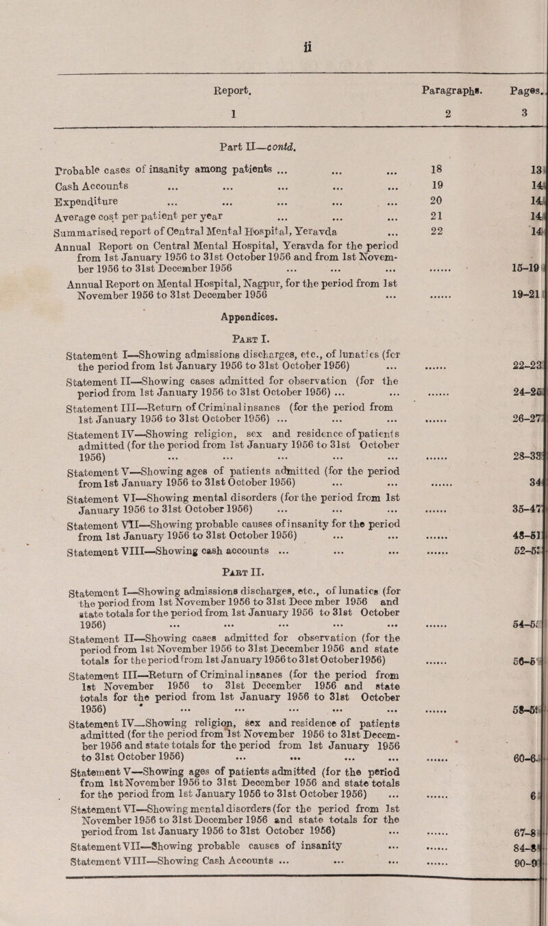 ii Report. Paragraph*. Pages. 1 2 3 Part II—contd. Probable cases of insanity among patients ... 18 13 Cash Accounts 19 141 Expenditure 20 m Average cost per patient per year 21 14 Summarised report of Central Mental Hospital, Yeravda 22 141 Annual Report on Central Mental Hospital, Yeravda for the period from 1st January 1956 to 31st October 1956 and from 1st Novem¬ ber 1956 to 31st December 1956 15-19 Annual Report on Mental Hospital, Nagpur, for the period from 1st November 1956 to 31st December 1956 19-21 » Appendices. Part I. Statement I—Showing admissions discharges, etc., of lunatics (fcr the period from 1st January 1956 to 31st October 1956) •••••• 22-23 Statement II—Showing cases admitted for observation (for the period from 1st January 1956 to 31st October 1956) ... 24-25 Statement III—Return of Criminal insanes (for the period from 1st January 1956 to 31st October 1956) ... 26-27 Statement IV—Showing religion, sex and residence of patienis admitted (for the period from 1st January 1956 to 31st October 1956) 28-33 Statement V—Showing ages of patients admitted (for the period from 1st January 1956 to 31st October 1956) 34 Statement VI—Showing mental disorders (for the period from 1st January 1956 to 31st October 1956) 35-41 Statement VII—Showing probable causes of insanity for the period from 1st January 1956 to 31st October 1956) 48-51 | Statement VIII—Showing cash accounts ... 52-5* • Part II. Statement I—Showing admissions discharges, etc., of lunatics (for the period from 1st November 1956 to 31st Dece mber 1956 and state totals for the period from 1st January 1956 to 31st October 1956) ... ••• ••• ••• 54-55 1 Statement II—Showing cases admitted for observation (for the period from 1st November 1956 to 31st December 1956 and state totals for the period from 1st January 1956 to 31st October 1956) 56-5'iij Statement III—Return of Criminal insanes (for the period from 1st November 1956 to 31st December 1956 and state totals for the period from 1st January 1956 to 31st October 1956) ••• ... 58-51 Statement IV—Showing religion, sex and residence of patients admitted (for the period from 1st November 1956 to 31st Decem¬ ber 1956 and state totals for the period from let January 1956 • to 31st October 1050) ••• ••• ••• 60-6- Statement V—Showing ages of patients admitted (for the period from 1st November 1956 to 31st December 1956 and state totals for the period from 1st January 1956 to 31st October 1956) Statement VI—Showing mental disorders (for the period from 1st November 1956 to 31st December 1956 and state totals for the period from 1st January 1956 to 31st October 1956) I j 67-8 - StatementVII—Showing probable causes of insanity 84-8 - ■ Statement VIII—Showing Cash Accounts ... 90-9 t