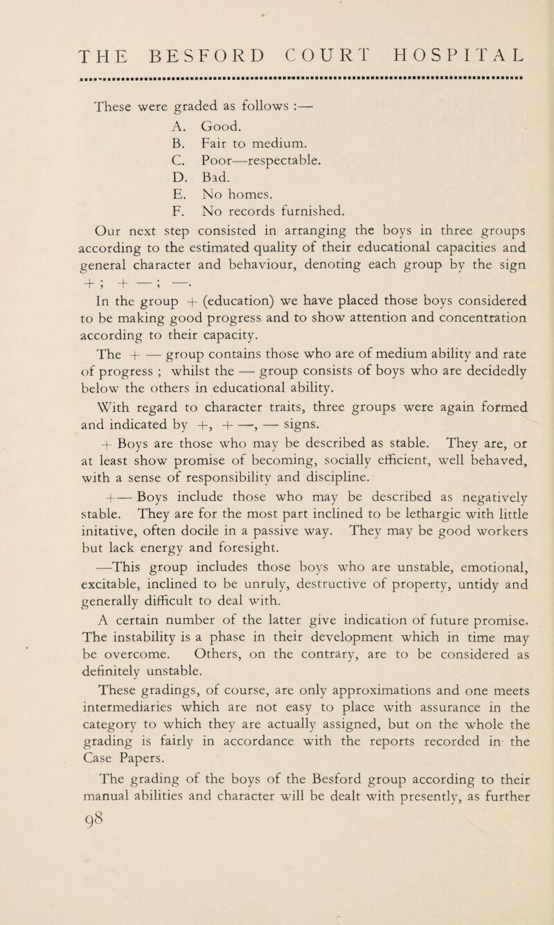 These were graded as follows :— A. Good. B. Fair to medium. C. Poor—respectable. D. Bad. E. No homes. F. No records furnished. Our next step consisted in arranging the boys in three groups according to the estimated quality of their educational capacities and general character and behaviour, denoting each group by the sign +; + ; ■ In the group + (education) we have placed those boys considered to be making good progress and to show attention and concentration according to their capacity. The H-group contains those who are of medium ability and rate of progress ; whilst the — group consists of boys who are decidedly below the others in educational ability. With regard to character traits, three groups were again formed and indicated by +, H-, —- signs. + Boys are those who may be described as stable. They are, or at least show promise of becoming, socially efficient, well behaved, with a sense of responsibility and discipline. H-Boys include those who may be described as negatively stable. They are for the most part inclined to be lethargic with little initative, often docile in a passive way. They may be good workers but lack energy and foresight. —This group includes those boys who are unstable, emotional, excitable, inclined to be unruly, destructive of property, untidy and generally difficult to deal with. A certain number of the latter give indication of future promise. The instability is a phase in their development which in time may be overcome. Others, on the contrary, are to be considered as definitely unstable. These gradings, of course, are only approximations and one meets intermediaries which are not easy to place with assurance in the category to which they are actually assigned, but on the whole the grading is fairly in accordance with the reports recorded in the Case Papers. The grading of the boys of the Besford group according to their manual abilities and character will be dealt with presently, as further