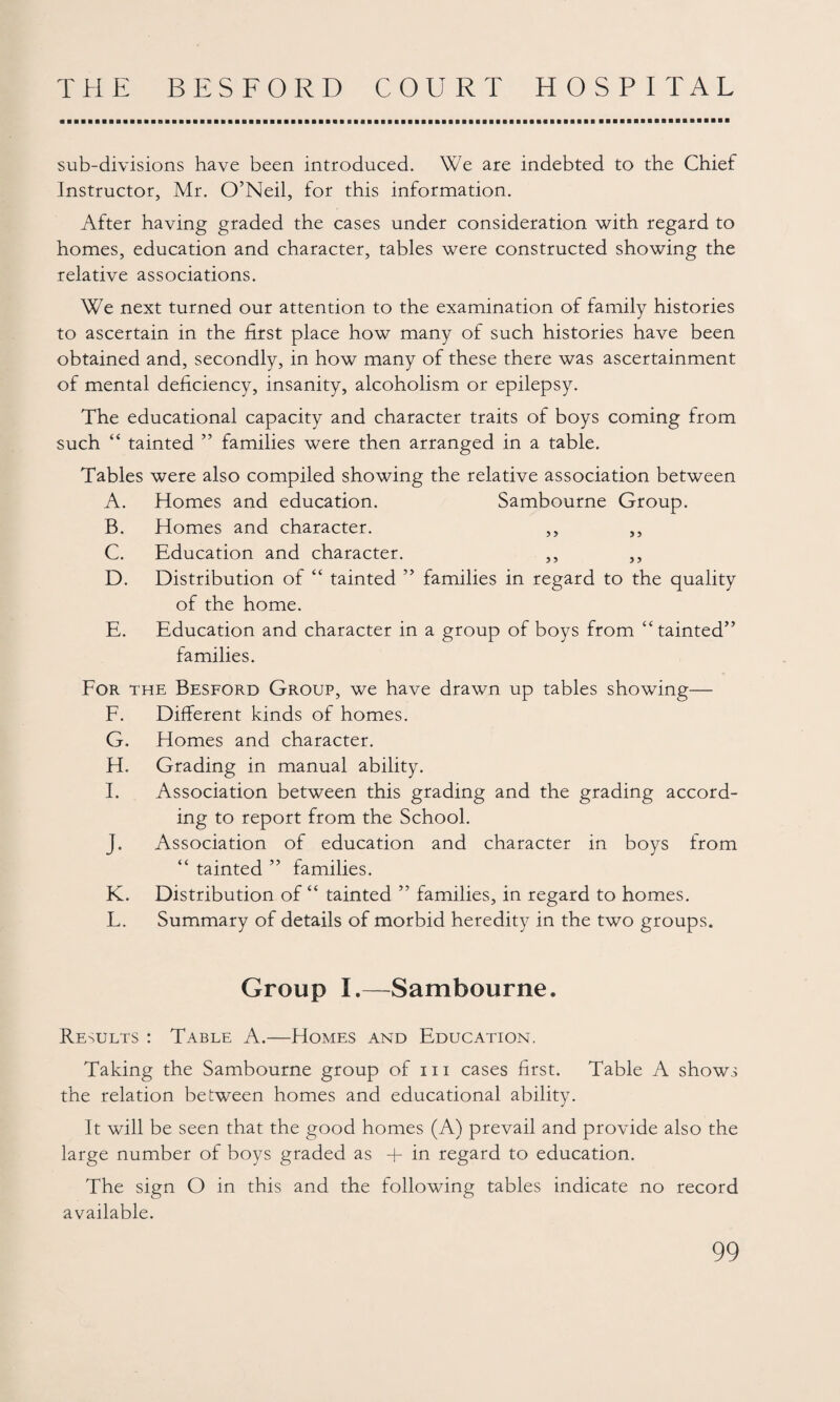 sub-divisions have been introduced. We are indebted to the Chief Instructor, Mr. O’Neil, for this information. After having graded the cases under consideration with regard to homes, education and character, tables were constructed showing the relative associations. We next turned our attention to the examination of family histories to ascertain in the first place how many of such histories have been obtained and, secondly, in how many of these there was ascertainment of mental deficiency, insanity, alcoholism or epilepsy. The educational capacity and character traits of boys coming from such “ tainted ” families were then arranged in a table. Tables were also compiled showing the relative association between A. Homes and education. Sambourne Group. B. Homes and character. ,, ,, C. Education and character. ,, ,, D. Distribution of “ tainted ” families in regard to the quality of the home. E. Education and character in a group of boys from “tainted” families. For the Besford Group, we have drawn up tables showing— F. Different kinds of homes. G. Homes and character. H. Grading in manual ability. I. Association between this grading and the grading accord¬ ing to report from the School. J. Association of education and character in boys from “ tainted ” families. K. Distribution of “ tainted ” families, in regard to homes. L. Summary of details of morbid heredity in the two groups. Group I.—Sambourne. Results : Table A.—Homes and Education. Taking the Sambourne group of m cases first. Table A shows the relation between homes and educational ability. It will be seen that the good homes (A) prevail and provide also the large number of boys graded as + in regard to education. The sign O in this and the following tables indicate no record available.