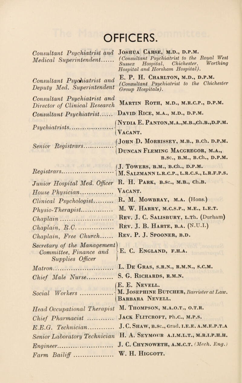 OFFICERS. Consultant Psychiatrist and Medical Superintendent. Joshua Carse, m.d., d.p.m. (Consultant Psychiatrist to the Royal West Sussex Hospital, Chichester, Worthing Hospital and Horsham Hospital). Consultant Psychiatrist and Deputy Med. Superintendent E. P. H. Charlton, m.d., d.p.m. (Consultant Psychiatrist to the Chichester Group Hospitals). Consultant Psychiatrist and Director of Clinical (Research Consultant Psychiatrist. Psychiatrists. Martin Roth, m.d., m.r.c.p., d.p.m. David Rice, m.a., m.d., d.p.m. Nydia E. Panton,m.a.,M.B.,ch.B.,d.p.m. Vacant. Senior Registrars Registrars John D. Morrissey, m.b., B.ch. d.p.m. Duncan Fleming Macgregor, m.a., B.SC,, B.M., B.Ch., D.P.M. J. Towers, b.m., B.ch., d.p.m. M. SALZMANN L.R.C.P., L.R.C.S., L.R.F.P.S. Junior Hospital Med. Officer R* H. Park, b.sc., m.b., ch.B. House Physician. Vacant. Clinical Psychologist. M. Mowbray, m.a. (Hons.) Physio-Therapist. M. W. Harry, m.c.s.p., m.e., l.e.t. Chaplain. Rev. J. C. Salisbury, L.Th. (Durham) Chaplain, R.C. Rev. J. B. Harte, b.a. (N.U.I.) Chaplain, Free Church. Rev. P. J. Spooner, b.d. Secretary of the Management) Committee, Finance and rE. C. England, f.h.a. Supplies Officer Matron. L. De Gras, s.r.n., r.m.n., s.c.m. Chief Male Nurse. S. G. Richards, r.m.n. |E. E. Nevell. Social Workers . M. Josephine Butcher, Barrister at Law. (Barbara Nevell. Head Occupational Therapist M. Thompson, m.a.o.t., o.t.r. Chief Pharmacist . Jack Flitcroft, ph.c., m.p.s. E.E.G. Technician. J. C. Shaw, b.sc., Grad, i.e.e. a.m.e.p.t.a Senior Laboratory Technician H. A. Seymour a.i.m.l.t., m.r.i.p.h.h. Engineer. Farm Bailiff J. C. CHYNOWETH, A.M.C.T. (Mech. Eng.) W. H. Higgott.