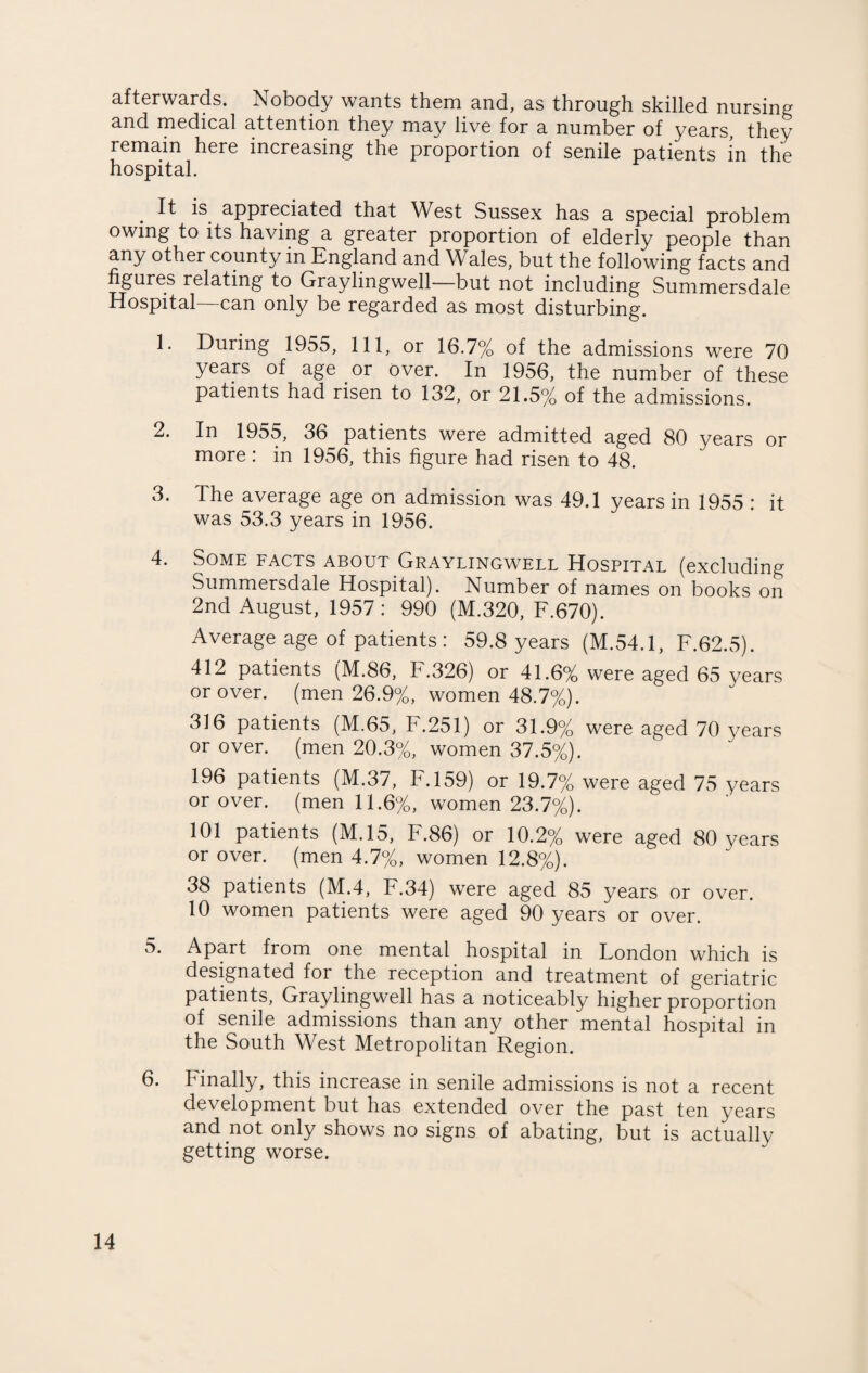 afterwards. Nobody wants them and, as through skilled nursing and medical attention they may live for a number of years, they remain here increasing the proportion of senile patients in the hospital. It is appreciated that West Sussex has a special problem owing to its having a greater proportion of elderly people than any other county in England and Wales, but the following facts and figures relating to Graylingwell—but not including Summersdale Hospital—can only be regarded as most disturbing. 1. During 1955, 111, or 16.7% of the admissions were 70 years of age or over. In 1956, the number of these patients had risen to 132, or 21.5% of the admissions. 2. In 1955, 36 patients were admitted aged 80 years or more: in 1956, this figure had risen to 48. 3. The average age on admission was 49.1 years in 1955 : it was 53.3 years in 1956. 4. Some facts about Graylingwell Hospital (excluding Summersdale Hospital). Number of names on books on 2nd August, 1957: 990 (M.320, F.670). Average age of patients : 59.8 years (M.54.1, F.62.5). 412 patients (M.86, F.326) or 41.6% were aged 65 years or over, (men 26.9%, women 48.7%). 316 patients (M.65, F.251) or 31.9% were aged 70 years or over, (men 20.3%, women 37.5%). 196 patients (M.37, F.159) or 19.7% were aged 75 years or over, (men 11.6%, women 23.7%). 101 patients (M.15, F.86) or 10.2% were aged 80 years or over, (men 4.7%, women 12.8%). 38 patients (M.4, F.34) were aged 85 years or over. 10 women patients were aged 90 years or over. 5. Apart from one mental hospital in Fondon which is designated for the reception and treatment of geriatric patients, Graylingwell has a noticeably higher proportion of senile admissions than any other mental hospital in the South West Metropolitan Region. 6. Finally, this increase in senile admissions is not a recent development but has extended over the past ten years and not only shows no signs of abating, but is actually getting worse.