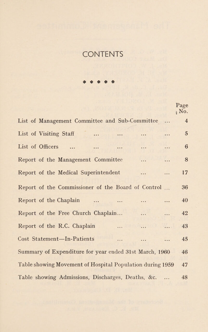 CONTENTS <$* «$> # # # Page i No. List of Management Committee and Sub-Committee ... 4 List of Visiting Staff ... ... ... ... 5 List of Officers ... ... ... ... ... 6 Report of the Management Committee ... ... 8 Report of the Medical Superintendent ... ... 17 Report of the Commissioner of the Board of Control ... 36 Report of the Chaplain ... ... ... ... 40 Report of the Free Church Chaplain... ... ... 42 Report of the R.C. Chaplain ... ... ... 43 Cost Statement—In-Patients ... ... ... 45 Summary of Expenditure for year ended 31st March, 1960 46 Table showing Movement of Hospital Population during 1959 47 Table showing Admissions, Discharges, Deaths, &c. ... 48