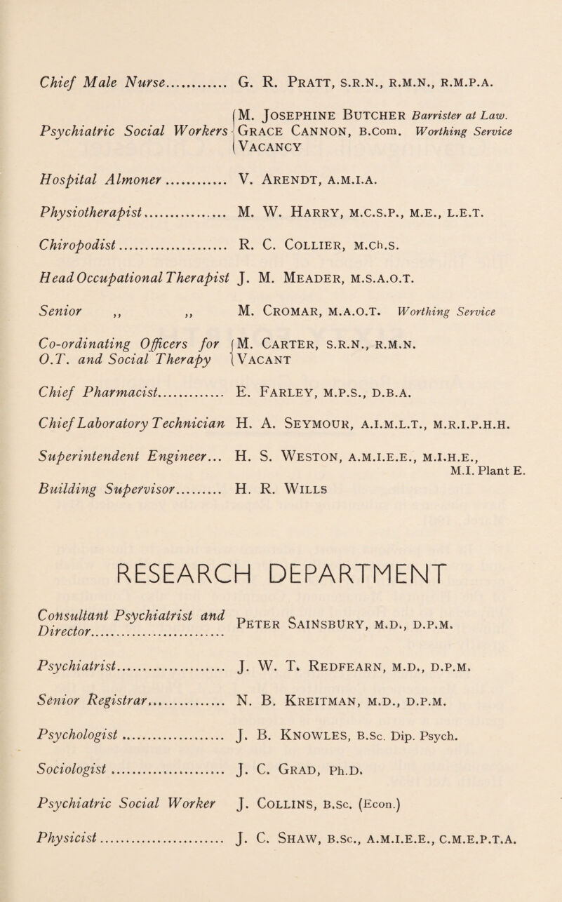 [M. Josephine Butcher Banister at Law. Psychiatric Social Workers Grace Cannon, B.com. Worthing Service ( Vacancy Hospital Almoner. V. Arendt, a.m.i.a. Physiotherapist. M. W. Harry, m.c.s.p., m.e., l.e.t. Chiropodist. R. C. Collier, M.ch.s. HeadOccupationalTherapist J. M. Meader, m.s.a.o.t. Senior ,, ,, M. CROMAR, M.A.O.T. Worthing Service Co-ordinating Officers for (M. Carter, s.r.n., r.m.n. O.T. and Social Therapy (Vacant Chief Pharmacist. E. Farley, m.p.s., d.b.a. Chief Laboratory Technician H. A. Seymour, a.i.m.l.t., m.r.i.p.h.h. Superintendent Engineer... H. S. Weston, a.m.i.e.e., m.i.h.e., Building Supervisor. H. R. Wills M.I. Plant E. RESEARCH DEPARTMENT Consultant Psychiatrist and Director. Psychiatrist... Peter SaiNsbury, m.d., d.p.m. J. W. T» REDFEARN, M.D., D.P.M. Senior Registrar. N. B. Kreitman, m.d., d.p.m. Psychologist. J. B. Knowles, b.sc. Dip. Psych. Sociologist. J. C. Grad, Ph.D. Psychiatric Social Worker J. Collins, b.sc. (Econ.) Physicist. J. C. Shaw, b.sc., a.m.i.e.e., c.m.e.p.t.a.