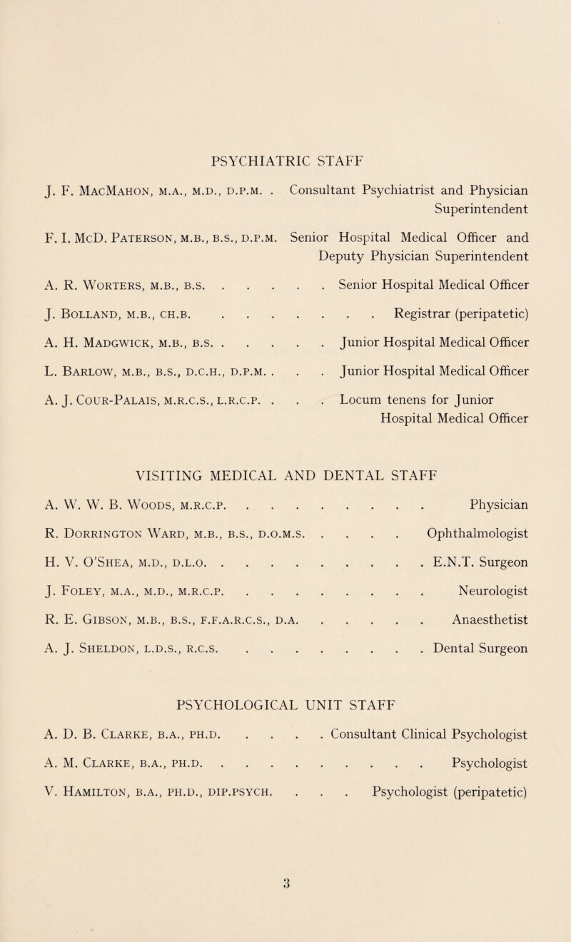 PSYCHIATRIC STAFF J. F. MacMahon, m.a., m.d., d.p.m. . Consultant Psychiatrist and Physician Superintendent F. I. McD. Paterson, m.b., b.s., d.p.m. Senior Hospital Medical Officer and Deputy Physician Superintendent x4. R. Worters, m.b., b.s. ..... Senior Hospital Medical Officer J. Bolland, m.b., ch.b..Registrar (peripatetic) A. H. Madgwick, m.b., b.s.Junior Hospital Medical Officer L. Barlow, m.b., b.s., d.c.h., d.p.m. . . . Junior Hospital Medical Officer A. J. Cour-Palais, m.r.c.s., l.r.c.p. . . . Locum tenens for Junior Hospital Medical Officer VISITING MEDICAL AND DENTAL STAFF A. W. W. B. Woods, m.r.c.p. Physician R. Dorrington Ward, m.b., b.s., d.o.m.s.Ophthalmologist H. V. O’Shea, m.d., d.l.o.E.N.T. Surgeon J. Foley, m.a., m.d., m.r.c.p. Neurologist R. E. Gibson, m.b., b.s., f.f.a.r.c.s., d.a.Anaesthetist A. J. Sheldon, l.d.s., r.c.s.Dental Surgeon PSYCHOLOGICAL UNIT STAFF A. D. B. Clarke, b.a., ph.d.Consultant Clinical Psychologist A. M. Clarke, b.a., ph.d.Psychologist V. Hamilton, b.a., ph.d., dip.psych. . . . Psychologist (peripatetic)