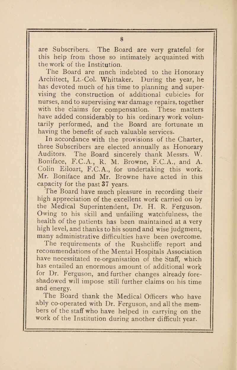 are Subscribers. The Board are very grateful for this help from those so intimately acquainted with the work of the Institution. The Board are much indebted to the Honorary Architect, Lt.-Col. Whittaker. During the year, he has devoted much of his time to planning and super¬ vising the construction of additional cubicles for nurses, and to supervising war damage repairs, together with the claims for compensation. These matters have added considerably to his ordinary work volun¬ tarily performed, and the Board are fortunate in having the benefit of such valuable services. In accordance with the provisions of the Charter, three Subscribers are elected annually as Honorary Auditors. The Board sincerely thank Messrs. W. Boniface, F.C.A., R. M. Browne, F.C.A., and A. Colin Eiloart, F.C.A., for undertaking this work. Mr. Boniface and Mr. Browne have acted in this capacity for the past 37 years. The Board have much pleasure in recording their high appreciation of the excellent work carried on by the Medical Superintendent, Dr. H. R. Ferguson. Owing to his skill and unfailing watchfulness, the health of the patients has been maintained at a very high level, and thanks to his sound and wise judgment, many administrative difficulties have been overcome. The requirements of the Rushcliffe report and recommendations of the Mental Hospitals Association have necessitated re-organisation of the Staff, which has entailed an enormous amount of additional work for Dr. Ferguson, and further changes already fore¬ shadowed will impose still further claims on his time and energy. I he Board thank the Medical Officers who have ably co-operated with Dr. Ferguson, and all the mem¬ bers of the staff who have helped in carrying on the work of the Institution during another difficult year.