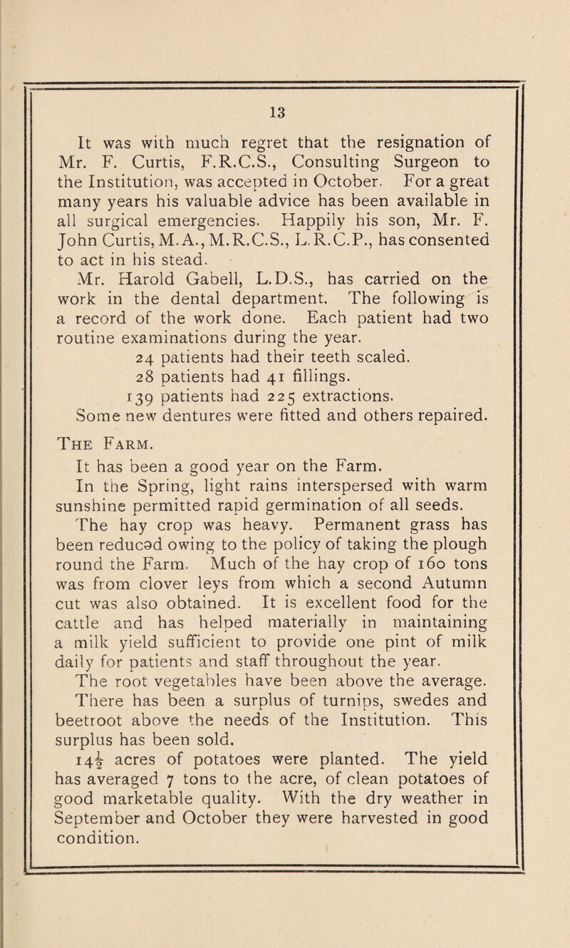 It was with much regret that the resignation of Mr. F. Curtis, F.R.C.S., Consulting Surgeon to the Institution, was accepted in October. For a great many years his valuable advice has been available in all surgical emergencies. Happily his son, Mr. F. John Curtis, M. A., M.R.C.S., L. R.C.P., has consented to act in his stead. Mr. Harold Gabell, L. D.S., has carried on the work in the dental department. The following is a record of the work done. Each patient had two routine examinations during the year. 24 patients had their teeth scaled. 28 patients had 41 fillings. 139 patients had 225 extractions. Some new dentures were fitted and others repaired. The Farm. It has been a good year on the Farm. In the Spring, light rains interspersed with warm sunshine permitted rapid germination of all seeds. The hay crop was heavy. Permanent grass has been reducod owing to the policy of taking the plough round the Farm. Much of the hay crop of 160 tons was from clover leys from which a second Autumn cut was also obtained. It is excellent food for the cattle and has helped materially in maintaining a milk yield sufficient to provide one pint of milk daily for patients and staff throughout the year. The root vegetables have been above the average. There has been a surplus of turnips, swedes and beetroot above the needs of the Institution. This surplus has been sold. 14^ acres of potatoes were planted. The yield has averaged 7 tons to the acre, of clean potatoes of good marketable quality. With the dry weather in September and October they were harvested in good condition.