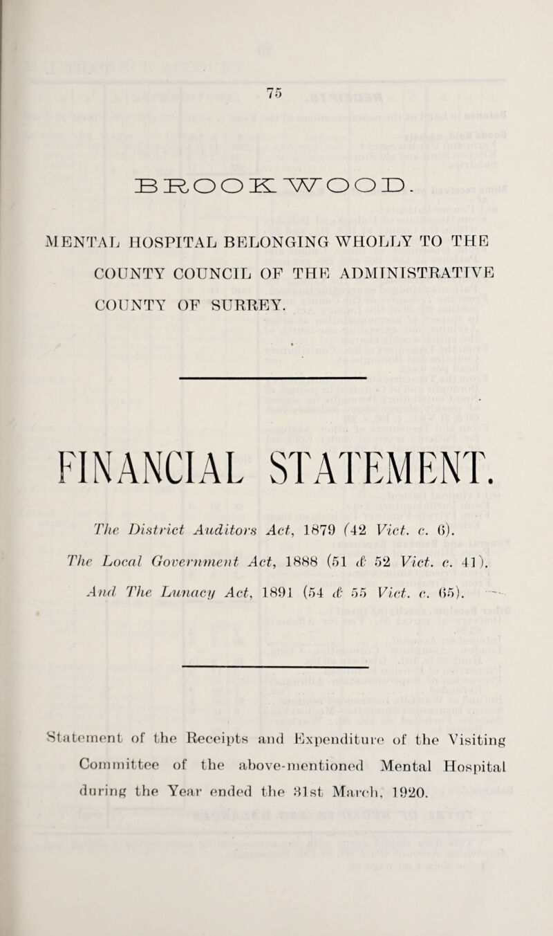 BROOEWOOD. MENTAL HOSPITAL BELONGING WHOLLY TO THE COUNTY COUNCIL OF THE ADMINISTRATIVE COUNTY OF SURREY. The District Auditors Act, 1879 (VI Viet. c. 6). The Local Government Act, 1888 (51 d 52 Viet. c. 4]). And The Lunacy Act, 1891 (54 d 55 Viet. c. 65). Statement of the Receipts and Expenditure of the Visiting Committee of the above-mentioned Mental Hospital during the Year ended the 81st March, 1920.