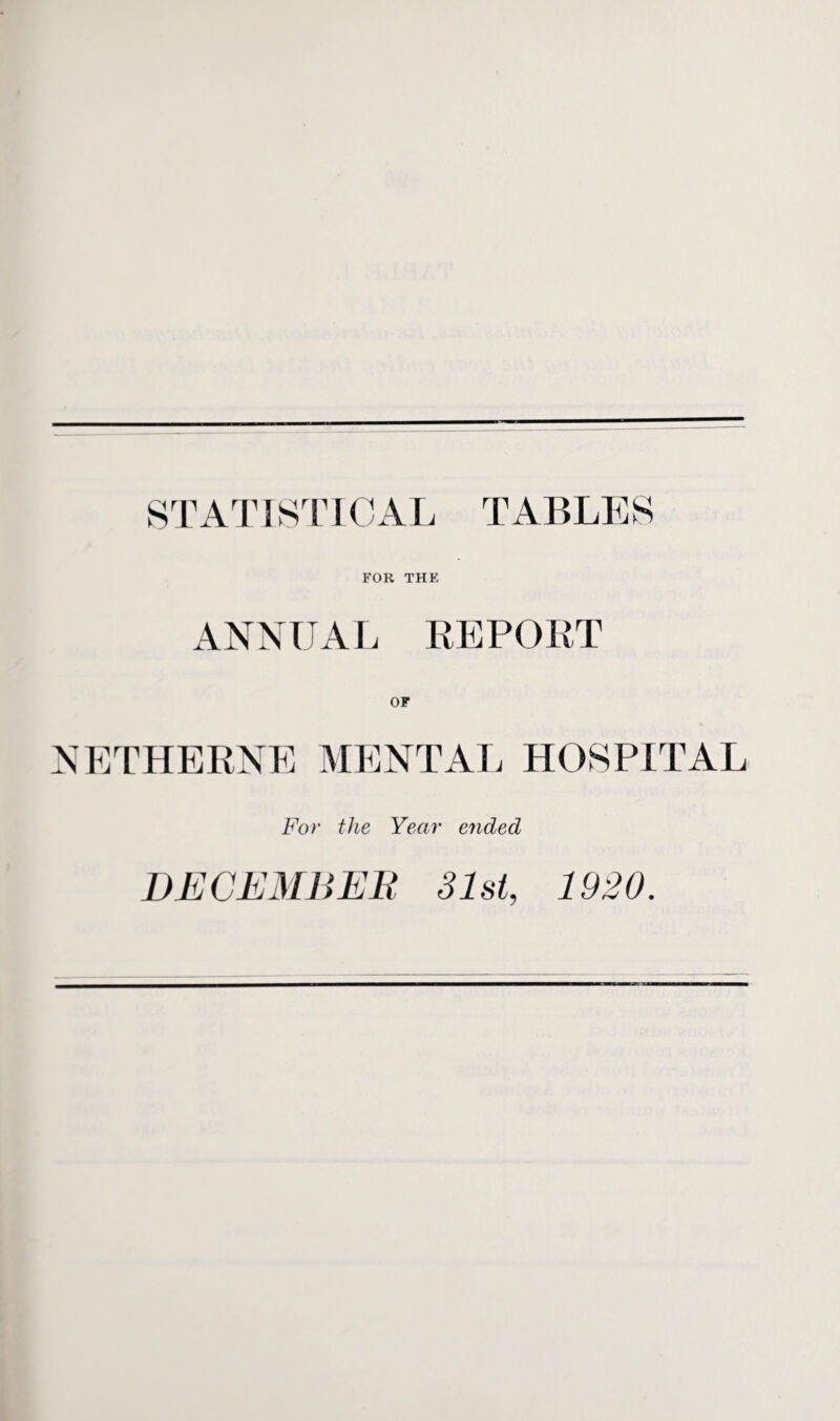 STATISTICAL TABLES FOR THE ANNUAL REPORT OF NETHERNE MENTAL HOSPITAL For the Year ended DECEMBER 31st, 1920.