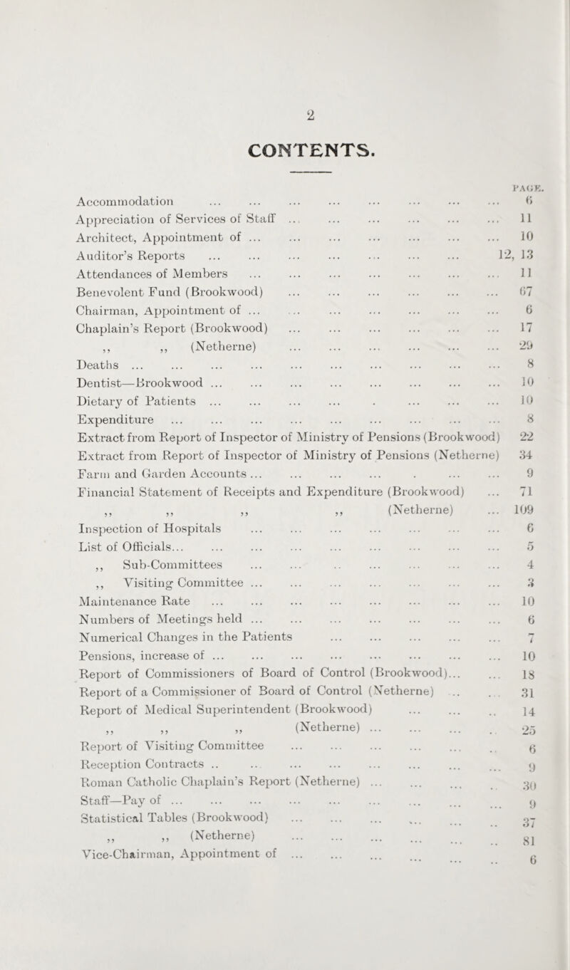 CONTENTS. PAGE. Accommodation ... ... ... ... ... ... ... ... ft Appreciation of Services of Staff ... ... ... ... ... ... 11 Architect, Appointment of ... ... ... ... ... ... ... 10 Auditor’s Reports ... ... ... ... ... ... ... 12, 13 Attendances of Members ... ... ... ... ... ... ... 11 Benevolent Fund (Brookwood) ... ... ... ... ... ... 07 Chairman, Appointment of ... ... ... ... ... ... ... 6 Chaplain’s Report (Brookwood) ... ... ... ... ... ... 17 ,, ,, (Netherne) ... ... ... ... ... ... 29 Deaths ... ... ... ... ... ... ... ... ... ... 8 Dentist—Brookwood ... ... ... ... ... ... ... ... 10 Dietary of Patients ... ... ... ... . ... ... ... 10 Expenditure ... ... ... ... ... ... ... ... ... 8 Extract from Report of Inspector of Ministry of Pensions (Brookwood) 22 Extract from Report of Inspector of Ministry of Pensions (Netherne) 34 Farm and Garden Accounts ... ... ... ... . ... ... 9 Financial Statement of Receipts and Expenditure (Brookwood) ... 71 ,, ,, ,, ,, (Netherne) ... 109 Inspection of Hospitals ... ... ... ... ... ... ... 6 List of Officials... ... ... ... ... ... ... ... ... 5 ,, Sub-Committees ... ... .. ... ... ... ... 4 ,, Visiting Committee ... ... ... ... ... ... ... 3 Maintenance Rate ... ... ... ... ... ... ... ... 10 Numbers of Meetings held ... ... ... ... ... ... ... 6 Numerical Changes in the Patients ... ... ... ... ... 7 Pensions, increase of ... ... ... ... ... ... ... ... 10 Report of Commissioners of Board of Control (Brookwood). is Report of a Commissioner of Board of Control (Netherne) .. . 31 Report of Medical Superintendent (Brookwood) .. 14 „ „ » (Netherne). .. 25 Report of Visiting Committee ... ... ... ... ... . § Reception Contracts .. .. ... ... ... ... ... 9 Roman Catholic Chaplain’s Report (Netherne) ... ... ... 39 Staff—Pay of. ... ... 9 Statistical Tables (Brookwood) . 37 ,, ,, (Netherne) . . ^ Vice-Chairman, Appointment of ... ... ... ...