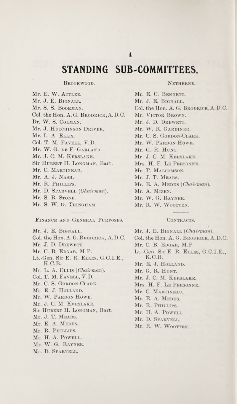 STANDING SUB-COMMITTEES. Brookwood. Mr. E. W. Attlee. Mr. J. E. Bignall. Mr. S. S. Boorman. Col. the Hon. A. G. Brodrick,A.D.C. Dr. W. S. Colman. Mr. J. Hutchinson Driver. Mr. L. A. Ellis. Col. T. M. Favell, Y.D. Mr. W. G. de F. Garland. Mr. J. C. M. Kerslake. Sir Hubert H. Longman, Bart. Mr. C. Martineau. Mr. A. J. Nash. Mr. R. Phillips. Mr. D. Sparvell [Chairman). Mr. S. B. Stone. Mr. S. W. G. Tringham. Finance and General Purposes. Mr. J. E. Bignall. Col. the Hon. A. G. Brodrick, A. I).C. Mr. J. D. Drewett. Mr. C. B. Edgar, M.P. Lt.-Gen. Sir E. R. Elles, G.C.I.E., K.C.B. Mr. L. A. Ellis [Chairman). Col. T. M. Favell, V.D. Mr. C. S. Gordon-Clark. Mr. E. J. Holland. Mr. W. Pardon Howe. Mr. J. C. M. Kerslake. Sir Hubert H. Longman, Bart. Mr. J. T. Mears. Mr. E. A. Medus. Mr. R. Phillips. Mr. H. A. Powell. Mr. W. G. Rayner. Mr. D. Sparvell. Netherne. Mr. E. C. Bennett. Mr. J. E. Bignall. Col. the Hon. A. G. Brodrick, A. D.C. Mr. Victor Brown. Mr. J. D. Drewett. Mr. W. R. Gardiner. Mr. C. S. Gordon-Clark. Mr. W. Pardon Howe. Mr. G. R. Hunt. Mr. J. C. M. Kerslake. Mrs. H. F. Le Personne. Mr. T. Malcomson. Mr. J. T. Mears. Mr. E. A. Medus [Chairman). Mr. A. Mizen. Mr. W. G. Rayner. Mr. R. W. Wootten. Contracts. Mr. J. E. Bignall [Chairman). Col. the Hon. A. G. Brodrick, A.D.C. Mr. C. B. Edgar, M.P. Lt.-Gen. Sir E. R. Elles, G.C.I.E., K.C.B. Mr. E. J. Holland. Mr. G. R. Hunt. Mr. J. C. M. Kerslake. Mrs. H. F. Le Personne. Mr. C. Martineau. Mr. E. A. Medus. Mr. R. Phillips. Mr. H. A. Powell. Mr. D. Sparvell. Mr. R. W. Wootten.