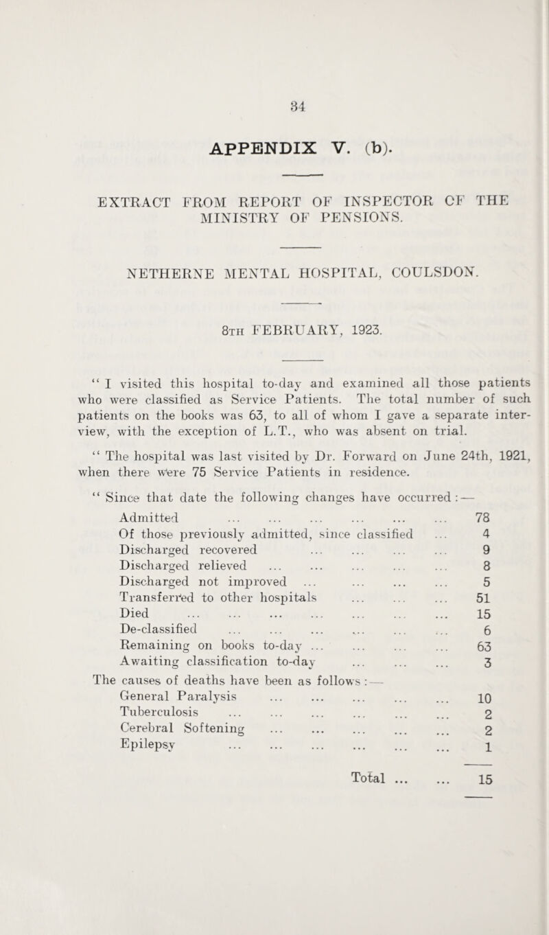 APPENDIX V. (b). EXTRACT FROM REPORT OF INSPECTOR CF THE MINISTRY OF PENSIONS. NETHERNE MENTAL HOSPITAL, COULSDON. 8th FEBRUARY, 1923. “ I visited this hospital to-day and examined all those patients who were classified as Service Patients. The total number of such patients on the books was 63, to all of whom I gave a separate inter¬ view, with the exception of L.T., who was absent on trial. “ The hospital was last visited by Dr. Forward on June 24th, 1921, when there Were 75 Service Patients in residence. “ Since that date the following changes have occurred: — Admitted ... ... ... ... ... ... 78 Of those previously admitted, since classified ... 4 Discharged recovered ... ... ... ... 9 Discharged relieved ... ... ... ... ... 8 Discharged not improved ... ... ... ... 5 Transferred to other hospitals ... ... ... 51 Died . 15 De-classified ... ... ... ... ... ... 6 Remaining on books to-clay ... ... ... ... 63 Awaiting classification to-day ... ... ... 3 The causes of deaths have been as follows : — General Paralysis ... ... ... ... ... io Tuberculosis ... ... ... ... ... ... 2 Cerebral Softening ... ... ... o Epilepsy 1 15 Total