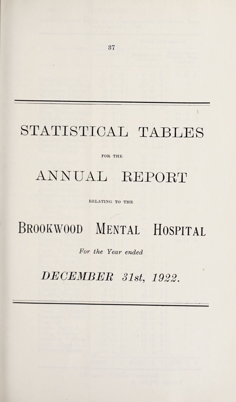STATISTICAL TABLES FOR THE ANNUAL REPORT RELATING TO THE Brookwood Mental Hospital For the Year ended % DECEMBER 31st, 1922.