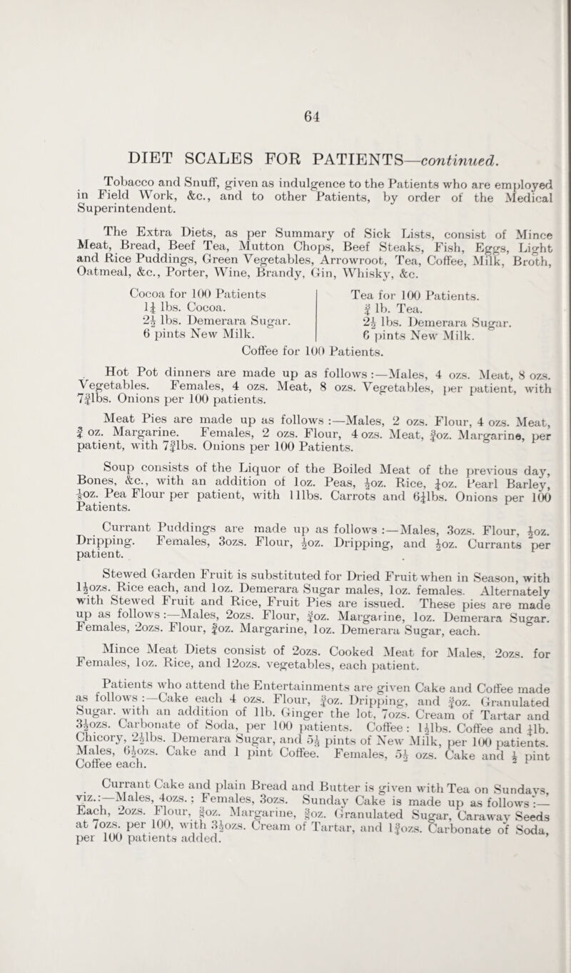 DIET SCALES FOR PATIENTS—continued. Tobacco and Snuff, given as indulgence to the Patients who are employed in Field Work, &c., and to other Patients, by order of the Medical Superintendent. The Extra Diets, as per Summary of Sick Lists, consist of Mince Meat, Bread, Beef Tea, Mutton Chops, Beef Steaks, Fish, Eggs, Light and Rice Puddings, Green Vegetables, Arrowroot, Tea, Coffee, Milk, Broth, Oatmeal, &c., Porter, Wine, Brandy, Gin, Whisky, &c. Cocoa for 100 Patients 1| lbs. Cocoa. 2| lbs. Demerara Sugar. 6 pints New Milk. Coffee for 100 Patients. Tea for 100 Patients. | lb. Tea. 2| lbs. Demerara Sugar. 6 pints New Milk. Hot Pot dinners are made up as follows Males, 4 ozs. Meat, 8 ozs. Vegetables. Females, 4 ozs. Meat, 8 ozs. Vegetables, per patient, with 7flbs. Onions per 100 patients. Meat Pies are made up as follows Males, 2 ozs. Flour, 4 ozs. Meat, f oz. Margarine. Females, 2 ozs. Flour, 4 ozs. Meat, foz. Margarine, per patient, with 7flbs. Onions per 100 Patients. Soup consists of the Liquor of the Boiled Meat of the previous day, Bones, &c., with an addition of loz. Peas, |oz. Rice, foz. Pearl Barley’ ioz. Pea Flour per patient, with 1 libs. Carrots and 6flbs. Onions per 100 Patients. Currant Puddings are made up as follows Males, 3ozs. Flour, foz. Dripping. Females, 3ozs. Flour, foz. Dripping, and foz. Currants per patient. Stewed Garden Fruit is substituted for Dried Fruit when in Season, with ljozs. Rice each, and loz. Demerara Sugar males, loz. females. Alternately with Stewed Fruit and Rice, Fruit Pies are issued. These pies are made up as follows :—Males, 2ozs. Flour, foz. Margarine, loz. Demerara Suo-ar. Females, 2ozs. Flour, foz. Margarine, loz. Demerara Sugar, each. Mince Meat Diets consist of 2ozs. Cooked Meat for Males, 2ozs. for Females, loz. Pace, and 12ozs. vegetables, each patient. Patients who attend the Entertainments are given Cake and Coffee made as follows Cake each 4 ozs. Flour, foz. Dripping, and foz. Granulated Sugar, with an addition of lib. Ginger the lot, 7ozs. Cream of Tartar and 3fozs. Carbonate of Soda, per 100 patients. Coffee : Dibs. Coffee and 41b Chicory, 2Mbs Demerara Sugar, and of pints of New Milk, per 100 patients. Males, b5ozs. Cake and 1 pint Coffee. Females, 54 ozs. Cake and 4 pint Coffee each.  - 1 Currant Cake and plain Bread and Butter is given with Tea on Sundavs TJ2- • Males, 4ozs.; Females, 3ozs. Sunday Cake is made up as follows :— Each, -ozs. Flour, jfoz. Margarine, |oz. Granulated Sugar, Cara wav Seeds at 7ozs per 100, with 3fozs. Cream of Tartar, and lfozs. Carbonate of Soda, per 100 patients added.