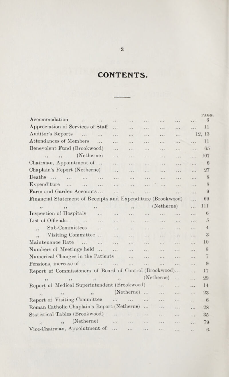 CONTENTS. Accommodation Appreciation of Services of Staff ... Auditor’s Reports Attendances of Members Benevolent Fund (Brookwood) ,, ,, (Netherne) Chairman, Appointment of ... Chaplain’s Report (Netherne) Deaths ... Expenditure ... ... ... ... ... ... * ... Farm and Garden Accounts ... Financial Statement of Receipts and Expenditure (Brookwood) ,, ,, ,, ,, (Netherne) Inspection of Hospitals List of Officials... „ Sub-Committees ,, Visiting Committee ... Maintenance Rate Numbers of Meetings held ... Numerical Changes in the Patients Pensions, increase of ... Report of Commissioners of Board of Control (Brookwood)... ,, „ „ „ (Netherne) ... Report of Medical Superintendent (Brookwood) . ,, „ „ (Netherne). Report of Visiting Committee . Roman Catholic Chaplain’s Report (Netherne). Statistical Tables (Brookwood) . „ ,, (Netherne) Vice-Chairman, Appointment of PAGE. 6 11 12, 13 11 65 . 107 6 *27 8 8 9 69 111 6 5 4 3 10 6 t 9 17 29 14 23 6 28 35 79 6.