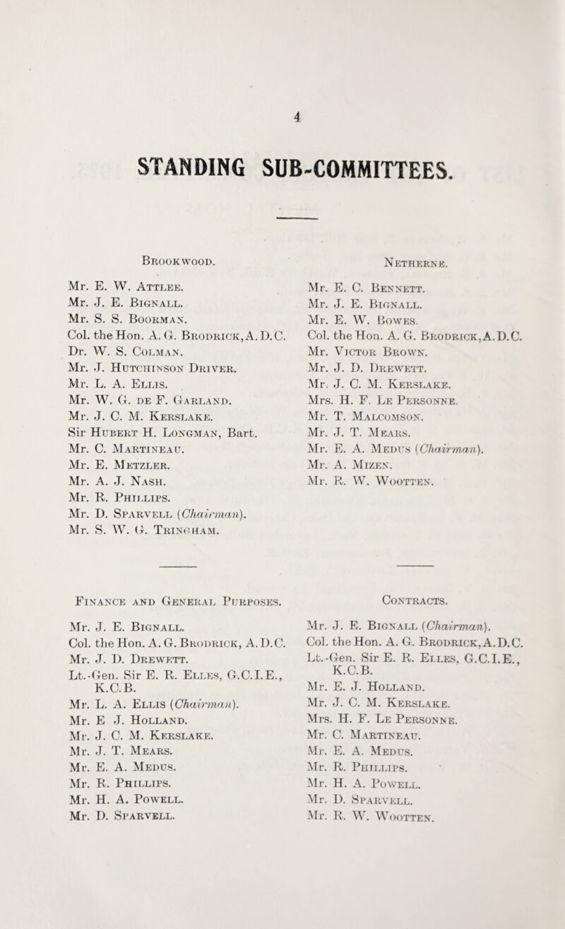 STANDING SUB-COMMITTEES. Brook wood. Mr. E. W. Attlee. Mr. J. E. Bignall. Mr. S. S. Boorman. Col. the Hon. A. G. Brodrick, A.D.C. Dr. W. S. Colman. Mr. J. Hutchinson Driver. Mr. L. A. Ellis. Mr. W. G. de F. Garland. Mr. J. C. M. Kerslake. Sir Hubert H. Longman, Bart. Mr. C. Marti neau. Mr. E. Metzler. Mr. A. J. Nash. Mr. R. Phillips. Mr. D. Sparvell {Chairman). Mr. S. W. G. Trinoham. Finance and General Purposes. Mr. J. E. Bignall. Col. the Hon. A. G. Brodrick, A. 1).C. Mr. J. D. Drewett. Lt.-Gen. Sir E. R. Elles, G.C.I.E., K.C.B. Mr. L. A. Ellis {Chairman). Mr. E J. Holland. Mr. J. C. M. Kerslake. Mr. J. T. Mears. Mr. E. A. Medus. Mr. R. Phillips. Mr. H. A. Powell. Mr. D. Sparvell. Netherne. Mr. E. C. Bennett. Mr. J. E. Bignall. Mr. E. W. Bowes. Col. the Hon. A. G. Brodrick,A.D.C. Mr. Victor Brown. Mr. J. D. Drewett. Mr. J. C. M. Kerslake. Mrs. H. F. Le Personne. Mr. T. Malcomson. Mr. J. T. Mears. Mr. E. A. Medus {Chairman). Mr. A. Mizen. Mr. R. W. Wootten. Contracts. Mr. J. E. Bignall {Chairman). Col. the Hon. A. G. Brodrick, A.D.C. Lt.-Gen. Sir E. R. Elles, G.C.I.E., K.C.B. Mr. E. J. Holland. Mr. J. C. M. Kerslake. Mrs. IT. F. Le Personne. Mr. C. Martineau. Mr. E. A. Medus. Mr. R. Phillips. Mr. H. A. Powell. Mr. D. Sparvell. Mr. R. W. Wootten.