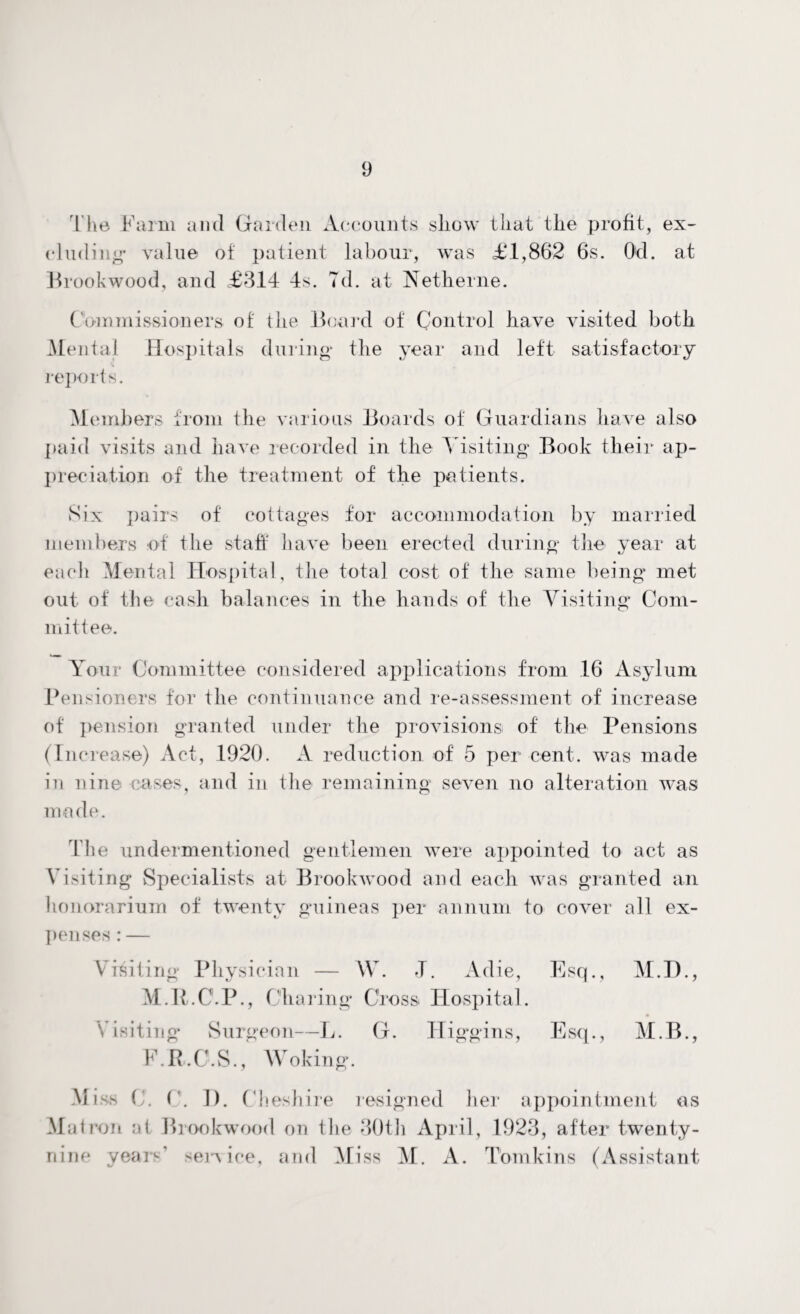 The Farm and Garden Accounts show that the profit, ex¬ cluding* value of patient labour, was £1,862 6s. Od. at Hi ■ookwood, and £314 4s. Td. at Netherne. Commissioners, of the Board of Control have visited both Mental Hospitals during* the year and left satisfactory reports. Members from the various Boards of Guardians have also paid visits and have recorded in the Visiting Book their ap¬ preciation of the treatment of the patients. Six pairs of cottages for accommodation by married members of the staff have been erected during the year at each Mental Hospital, the total cost of the same being met out of the cash balances in the hands of the Visiting Com¬ mittee. Your Committee considered applications from 16 Asylum Pensioners for the continuance and re-assessment of increase of pension granted under the provisions of the Pensions (Increase) Act, 1920. A reduction of 5 per cent, was made in nine cases, and in the remaining seven no alteration was made. The undermentioned gentlemen were appointed to act as Visiting Specialists at Brookwood and each was granted an honorarium of twenty guineas per annum to cover all ex¬ penses : — Visiting Physician — W. 4. Adie, Esq., M.R.C.P., Charing Cross Hospital. Visiting* Surgeon—I,. G. Higgins, Esq., VI. TV, VI.B., F.R.C.S., Woking. Miss C. C. 1). Cheshire resigned her appointment as VI at ron at Brookwood on the 30th April, 1923, after twenty- nine years’ sei^ice, and Miss VI. A. Tomkins (Assistant