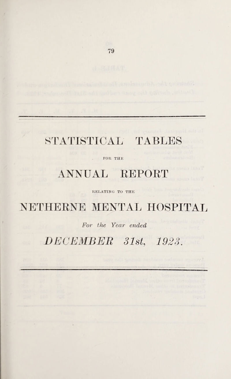 STATISTICAL TABLES FOR THE ANNUAL REPORT RELATING TO THE NETHERNE MENTAL HOSPITAL For the Year ended DECEMBER 31st, 1923.