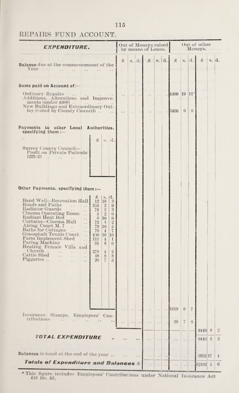 REPAIRS FUND ACCOUNT. EXPENDITURE m I Out of Moneys raised | by means of Loans. Balance due at the commencement of the Year . Sums paid on Account of:— Ordinary Repairs . Additions, Alterations and Improve¬ ments (under £400) . New Building's and Extraordinary Out¬ lay (voted by County Council) Payments to other Local Authorities, specifying them;— Surrey County Council— Profit on Private Patients 1223-2:1. £ s. <1. Other Payments, specifying them:— Band Well—Recreation Hall Roads and Paths Radiator Guards Cinema Operating Room Radiant Heat Bed Curtains—Cinema Hall Airing Court M. 7 Baths for Cottages .. Grassphalt Tennis Court Farm Implement Shed Paring Machine Heating Female Villa and Church. Cattle Shed Piggeries. 3m £ s. d. 12 18 3 354 2 9 74 2 3 5 2 0 0 16 0 72 1 2 79 10 5 70 4 7 400 10 10 111 4 1 91 8 0 278 4 2 48 8 8 20 7 5 Insurance Stamps, Employers’ Con¬ tributions Out of other Moneys. £ s. d. TOTAL EXPENDITURE . Balances in hand at the end of the year. Totals ot Expenditure and Balances £ £ s. I d. 1 i 4409 19 3400 0 d. IP £ 1619 20 0 I 7 8 s. d. 9449 9449 2652 2102 8 8 17 5 * rh£18f19slr£linClUdeK Krnp3oyce8’ Contributions under National Insurance Act