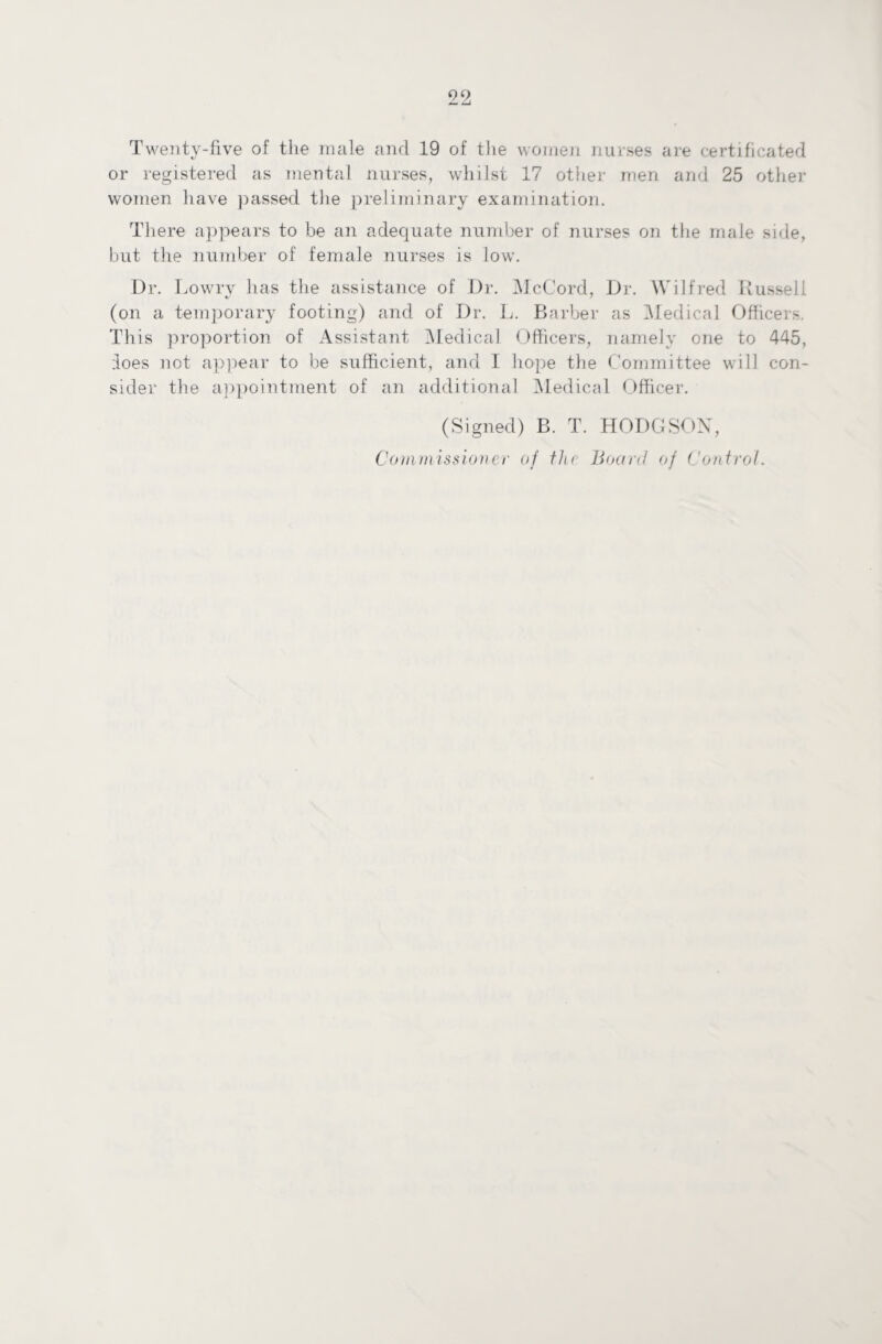 Twenty-five of the male and 19 of the women nurses are certificated or registered as mental nurses, whilst 17 other men and 25 other women have passed the preliminary examination. There appears to be an adequate number of nurses on the male side, but the number of female nurses is low. Dr. Lowry has the assistance of Dr. McCord, Dr. Wilfred Russell (on a temporary footing) and of Dr. L. Barber as Medical Officers. This proportion of Assistant Medical Officers, namely one to 445, ioes not appear to be sufficient, and I hope the Committee will con¬ sider the appointment of an additional Medical Officer. (Signed) B. T. HODGSON, Commissioner oj the Board of Control.