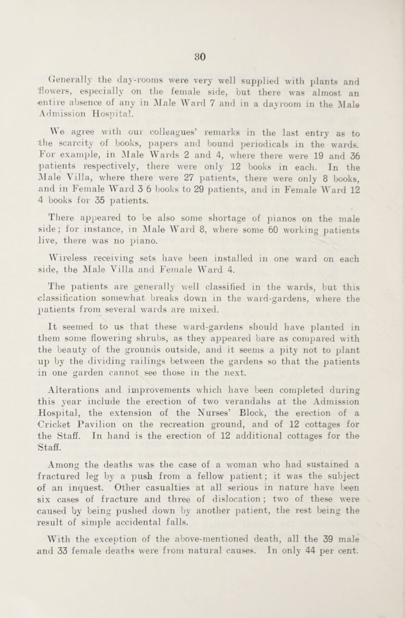 Generally the day-rooms were very well supplied with plants and flowers, especially on the female side, but there was almost an -entire absence of any in Male Ward 7 and in a dayroom in the Male Admission Hospital. We agree with our colleagues’ remarks in the last entry as to the scarcity of books, papers and bound periodicals in the wards. For example, in Male Wards 2 and 4, where there were 19 and 36 patients respectively, there were only 12 books in each. In the Male Villa, where there were 27 patients, there were only 8 books, and in Female Ward 3 6 books to 29 patients, and in Female Ward 12 4 books for 35 patients. There appeared to be also some shortage of pianos on the male side ; for instance, in Male Ward 8, where some 60 working patients live, there was no piano. Wireless receiving sets have been installed in one ward on each side, the Male Villa and Female Ward 4. The patients are generally well classified in the wards, but this classification somewhat breaks down in the ward-gardens, where the patients from several wards are mixed. It seemed to us that these ward-gardens should have planted in them some flowering shrubs, as they appeared bare as compared with the beauty of the grounds outside, and it seems a pity not to plant up by the dividing railings between the gardens so that the patients in one garden cannot see those in the next. Alterations and improvements which have been completed during this year include the erection of two verandahs at the Admission Hospital, the extension of the Nurses’ Block, the erection of a Cricket Pavilion on the recreation ground, and of 12 cottages for the Staff. In hand is the erection of 12 additional cottages for the Staff. Among the deaths was the case of a woman who had sustained a fractured leg by a push from a fellow patient; it was the subject of an inquest. Other casualties at all serious in nature have been six cases of fracture and three of dislocation; two of these were caused by being pushed down by another patient, the rest being the result of simple accidental falls. With the exception of the above-mentioned death, all the 39 male and 33 female deaths were from natural causes. In only 44 per cent.