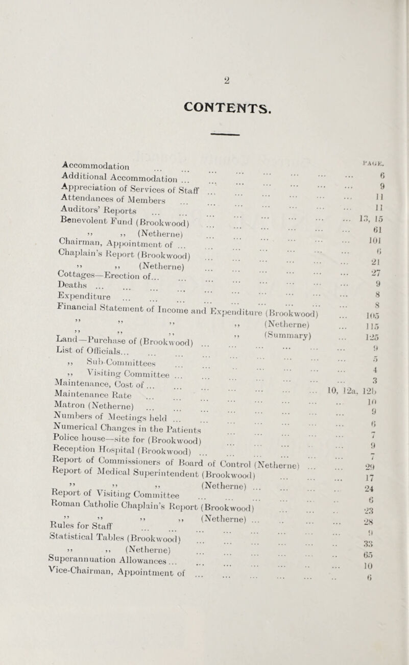 CONTENTS. Accommodation Additional Accommodation Appreciation of Services of Staff Attendances of Members Auditors’ Reports Benevolent Fund (Brookwood) ” 55 (Netherne) Chairman, Appointment of Chaplain s Report (Brookwood) ” 55 (Netherne) Cottages—Erection of... Deaths ... • • • • • • Expenditure Financial Statement of Income and Expenditure ” ” Land—Purchase of (Brookwood) List of Officials... 55 Sub-Committees (Brookwood) (Netherne) (S u mm ary) 55 Visiting Committee Maintenance, Cost of ... Maintenance Rate Matron (Netherne) Numbers of Meetings held Numerical Changes in the Patients Police house—site for (Brookwood) Reception Hospital (Brookwood) Report of Commissioners of Board of Control (Netherne) Report of Medical Superintendent (Brookwood) ” . ” 55 (Netherne) ... Report of Visiting Committee Roman Catholic Chaplain’s Report (Brookwood) ~ ” ” 55 (Netherne) ... Rules for Staff statistical Tables (Brookwood i >> 55 (Netherne) Superannuation Allowances ... Vice-Chairman, Appointment of I'AOK. 6 9 II 11 ... 13, 15 61 101 ti 21 21 9 8 8 105 115 125 9 5 4 3 10, 12a, 121, 10 9 6 i 9 ... / 29 17 24 0 23 28 9 33 65 10 6