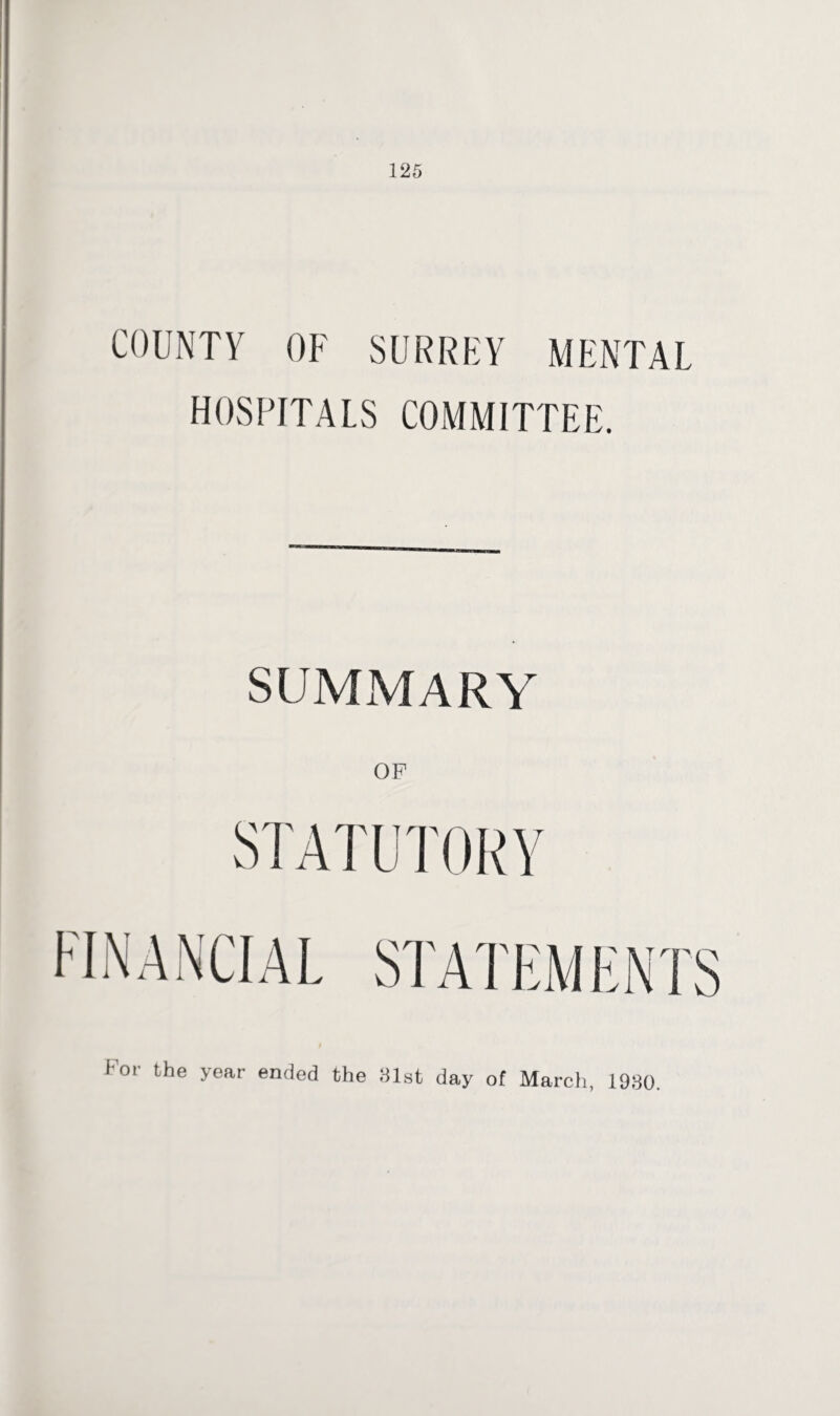 COUNTY OF SURREY MENTAL HOSPITALS COMMITTEE. For the year ended the 31st day of March, 1930.