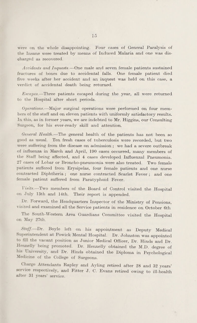 were on the whole disappointing. Four cases of General Paralysis of the Insane were treated by means of Induced Malaria and one was dis¬ charged as recovered. Accidents and Inquests.—One male and seven female patients sustained fractures of bones due to accidental falls. One female patient died five weeks after her accident and an inquest was held on this case, a verdict of accidental death being returned. Escapes.—Three patients escaped during the year, all were returned to the Hospital after short periods. Operations.—Major surgical operations were performed on four mem¬ bers of the staff and on eleven patients with uniformly satisfactory results. In this, as in former years, we are indebted to Mr. Higgins, our Consulting Surgeon, for his ever-ready skill and attention. General Health.—The general health of the patients has not been so good as usual. Ten fresh cases of tuberculosis were recorded, but two were suffering from the disease on admission ; we had a severe outbreak of influenza in March and April, 190 cases occurred, many members of the Staff being affected, and 4 cases developed Influenzal Pneumonia. 27 cases of Lobar or Broncho-pneumonia were also treated. Two female patients suffered from Erysipelas, four female patients and one nurse contracted Diphtheria ; one nurse contracted Scarlet Fever ; and one female patient suffered from Paratyphoid Fever. Visits.—Two members of the Board of Control visited the Hospital on July 13th and 14th. Their report is appended. Dr. Forward, the Headquarters Inspector of the Ministry of Pensions, visited and examined all the Service patients in residence on October 6th The South-\\ estern Area Guardians Committee visited the Hospital on May 27th. Staff.—Dr. Boyle left on his appointment as Deputy Medical Superintendent at Powick Mental Hospital. Dr. Johnston was appointed to fill the \acant position as Junior Medical Officer, Dr. Hinds and Dr. Hennelly being promoted. Dr. Hennelly obtained the M.D. degree of liL Lni\ersity, and Dr. Hinds obtained the Diploma in Psychological Medicine of the College of Surgeons. Charge Attendants Rapley and Ayling retired after 28 and 32 years’ scr\ ice respectively, and Fitter J. C. Evans retired owing to ill-health after 31 years service.