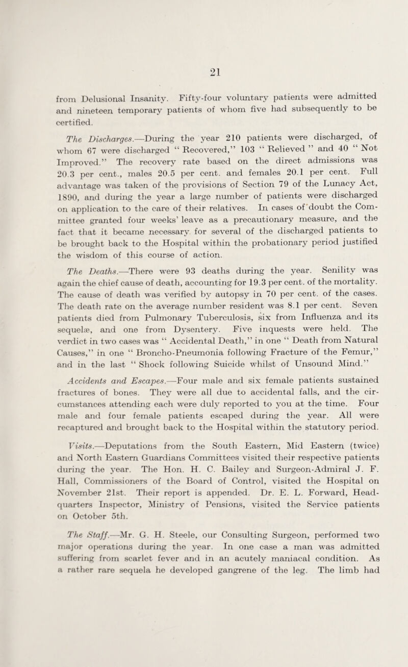 from Delusional Insanity. Fifty-four voluntary patients were admitted and nineteen temporary patients of whom five liad subsequently to be certified. The Discharges.—During the year 210 patients were discharged, of whom 67 were discharged “ Recovered,” 103 “ Relieved ” and 40 “ Not Improved.” The recovery rate based on the direct admissions was 20.3 per cent., males 20.5 per cent, and females 20.1 per cent. Full advantage was taken of the provisions of Section 79 of the Lunacy Act, 1890, and during the year a large number of patients were discharged on application to the care of their relatives. In cases of doubt the Com¬ mittee granted four weeks’ leave as a precautionary measure, and the fact that it became necessary for several of the discharged patients to be brought back to the Hospital within the probationary period justified the wisdom of this course of action. The Deaths.—There were 93 deaths during the year. Senility was again the chief cause of death, accounting for 19.3 per cent, of the mortality. The cause of death was verified by autopsy in 70 per cent, of the cases. The death rate on the average number resident was 8.1 per cent. Seven patients died from Pulmonary Tuberculosis, six from Influenza and its sequelae, and one from Dysentery. Five inquests were held. The verdict in two cases was “ Accidental Death,” in one “ Death from Natural Causes,” in one “ Broncho-Pneumonia following Fracture of the Femur,” and in the last “ Shock following Suicide whilst of Unsound Mind.” Accidents and Escapes.—Four male and six female patients sustained fractures of bones. They were all due to accidental falls, and the cir¬ cumstances attending each were duly reported to you at the time. Four male and four female patients escaped during the year. All were recaptured and brought back to the Hospital within the statutory period. Visits.—Deputations from the South Eastern, Mid Eastern (twice) and North Eastern Guardians Committees visited their respective patients during the year. The Hon. H. C. Bailey and Surgeon-Admiral J. F. Hall, Commissioners of the Board of Control, visited the Hospital on November 21st. Their report is appended. Dr. E. L. Forward, Head¬ quarters Inspector, Ministry of Pensions, visited the Service patients on October 5th. The Staff.— Mr. G. H. Steele, our Consulting Surgeon, performed two major operations during the year. In one case a man was admitted suffering from scarlet fever and in an acutely maniacal condition. As a rather rare sequela he developed gangrene of the leg. The limb had